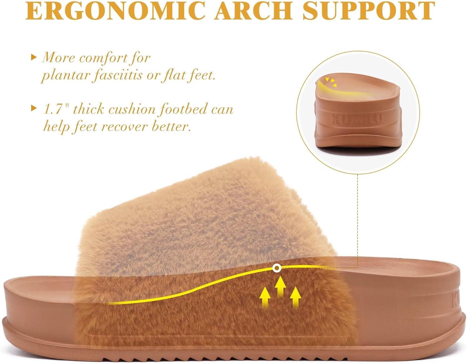 imageKuaiLu Womens Orthotic Slippers With Arch Support Soft Cushion Sandal Slippers for Woman Ladies Fashion Open Toe Faux Fur Platform Slipper Indoor Outdoor 612Camel