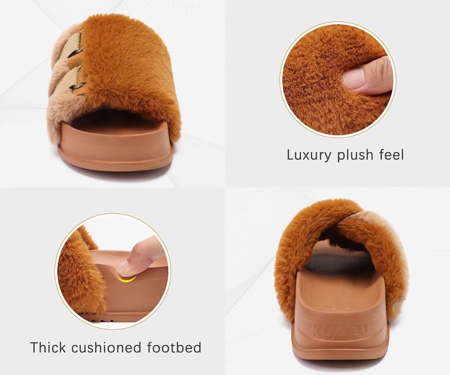 imageKuaiLu Womens Orthotic Slippers With Arch Support Soft Cushion Sandal Slippers for Woman Ladies Fashion Open Toe Faux Fur Platform Slipper Indoor Outdoor 612Camel