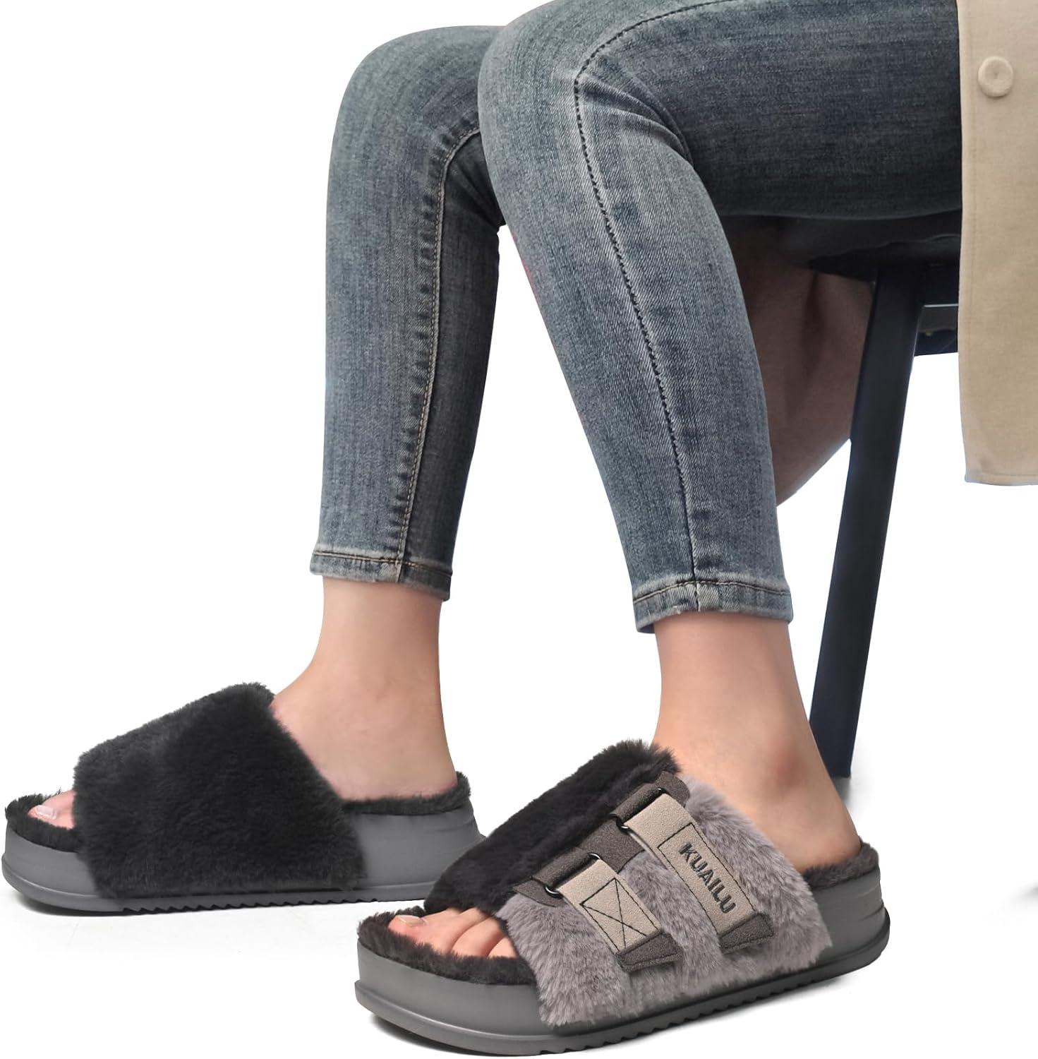 imageKuaiLu Womens Orthotic Slippers With Arch Support Soft Cushion Sandal Slippers for Woman Ladies Fashion Open Toe Faux Fur Platform Slipper Indoor Outdoor 612Plush Grey