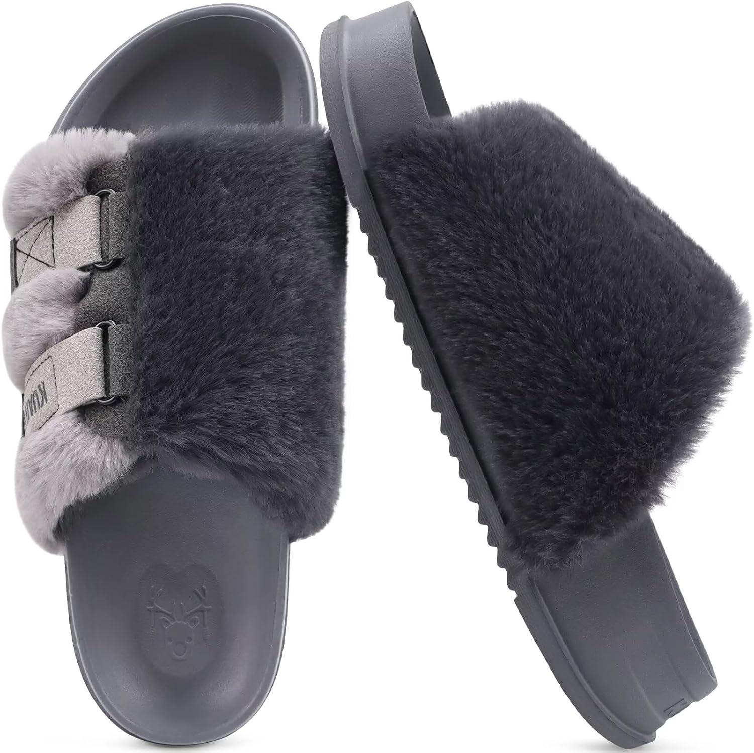 imageKuaiLu Womens Orthotic Slippers With Arch Support Soft Cushion Sandal Slippers for Woman Ladies Fashion Open Toe Faux Fur Platform Slipper Indoor Outdoor 612Grey