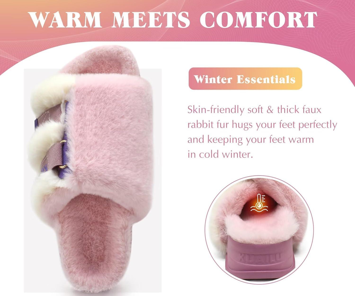 imageKuaiLu Womens Orthotic Slippers With Arch Support Soft Cushion Sandal Slippers for Woman Ladies Fashion Open Toe Faux Fur Platform Slipper Indoor Outdoor 612Plush Pink