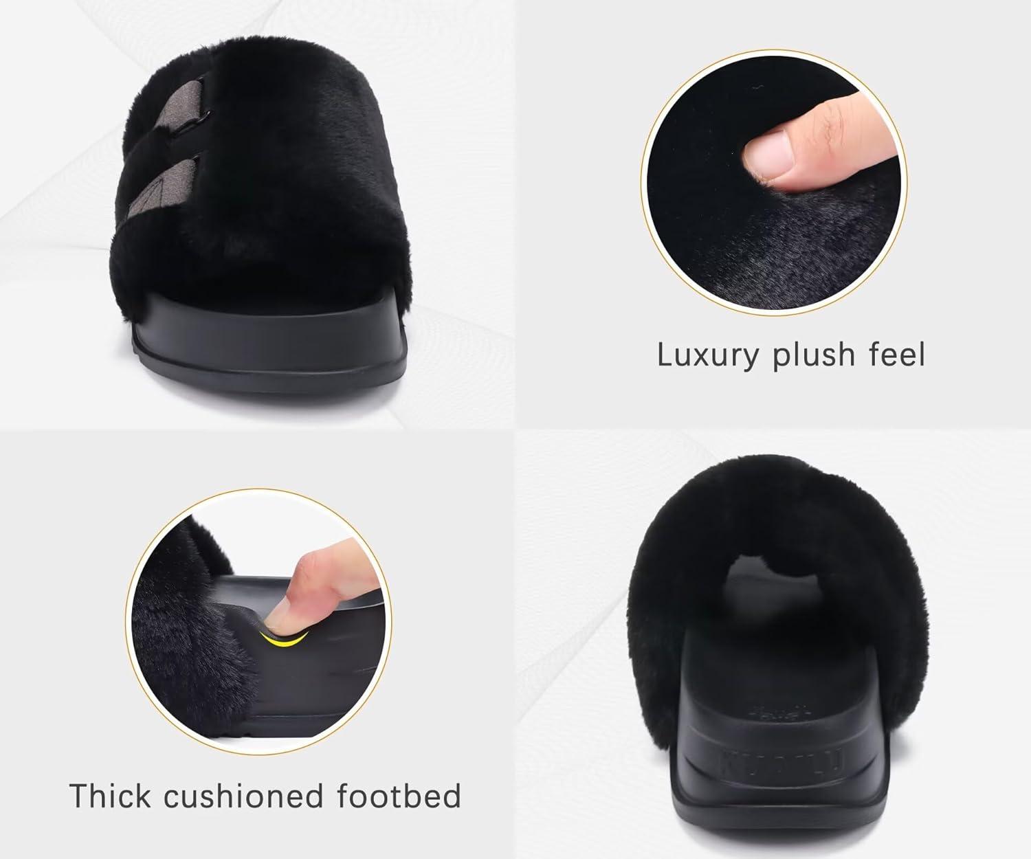 imageKuaiLu Womens Orthotic Slippers With Arch Support Soft Cushion Sandal Slippers for Woman Ladies Fashion Open Toe Faux Fur Platform Slipper Indoor Outdoor 612Black