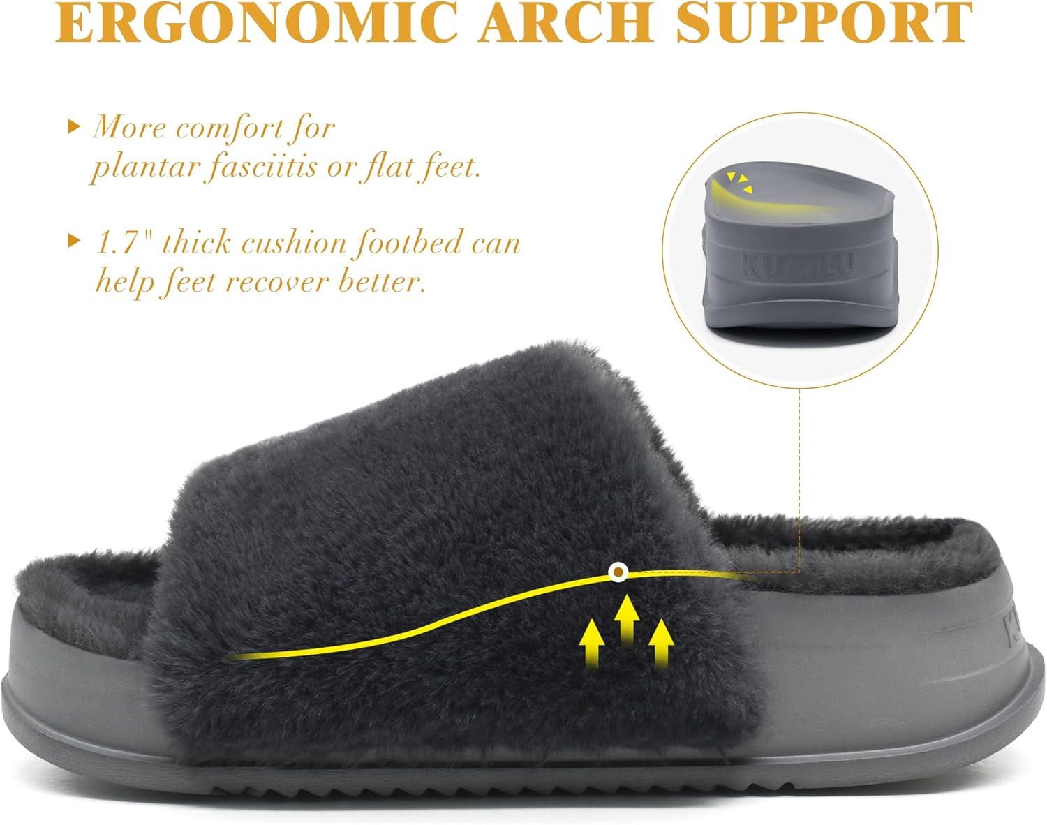 imageKuaiLu Womens Orthotic Slippers With Arch Support Soft Cushion Sandal Slippers for Woman Ladies Fashion Open Toe Faux Fur Platform Slipper Indoor Outdoor 612Plush Grey