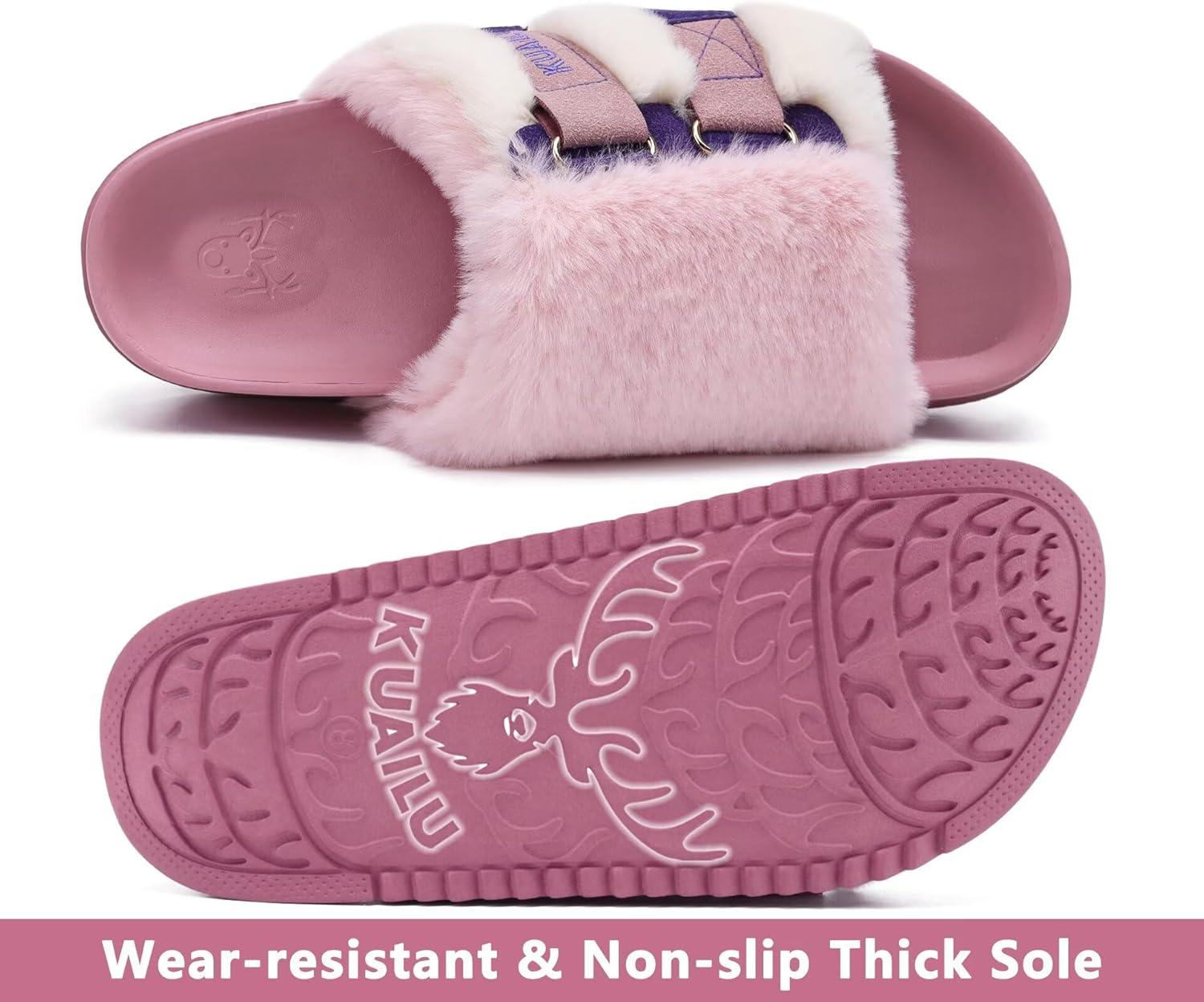 imageKuaiLu Womens Orthotic Slippers With Arch Support Soft Cushion Sandal Slippers for Woman Ladies Fashion Open Toe Faux Fur Platform Slipper Indoor Outdoor 612Pink