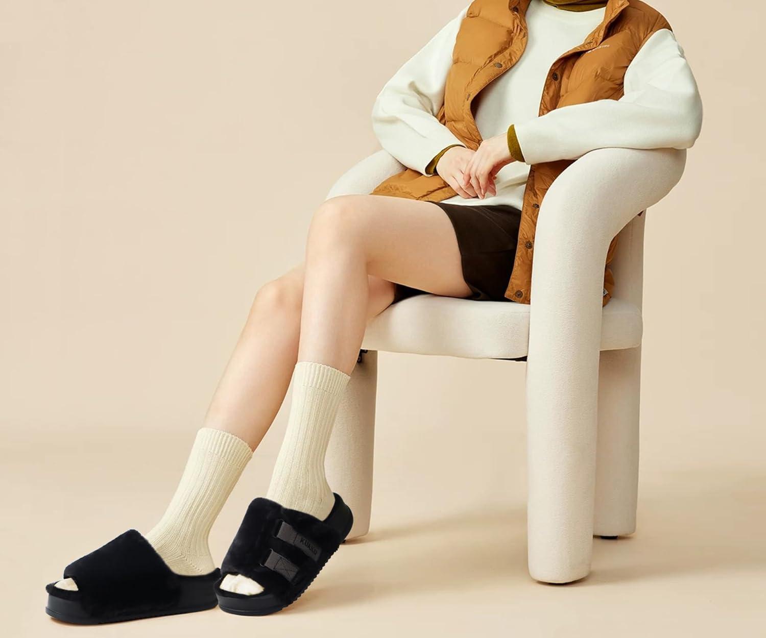 imageKuaiLu Womens Orthotic Slippers With Arch Support Soft Cushion Sandal Slippers for Woman Ladies Fashion Open Toe Faux Fur Platform Slipper Indoor Outdoor 612Plush Black