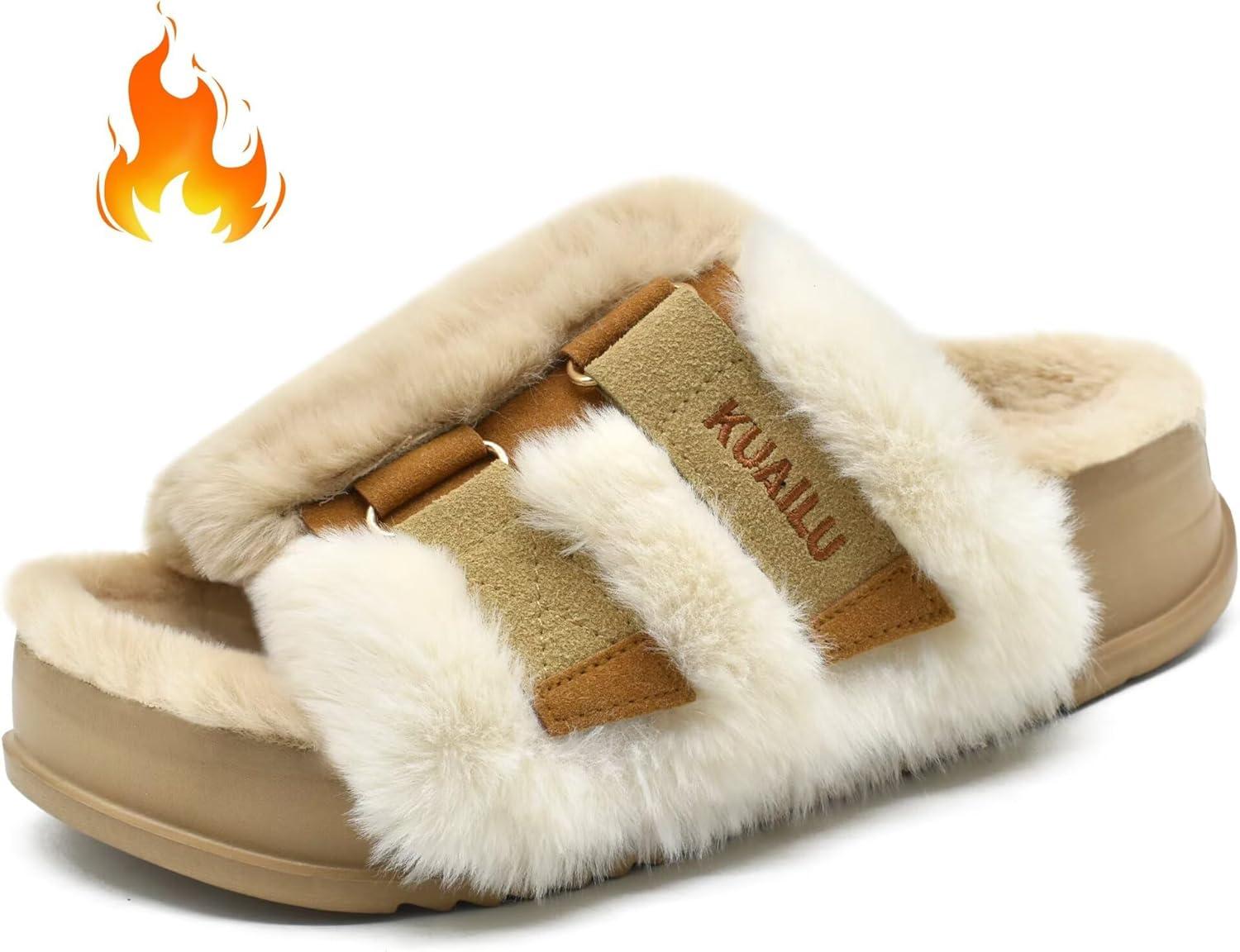 imageKuaiLu Womens Orthotic Slippers With Arch Support Soft Cushion Sandal Slippers for Woman Ladies Fashion Open Toe Faux Fur Platform Slipper Indoor Outdoor 612Plush Beige