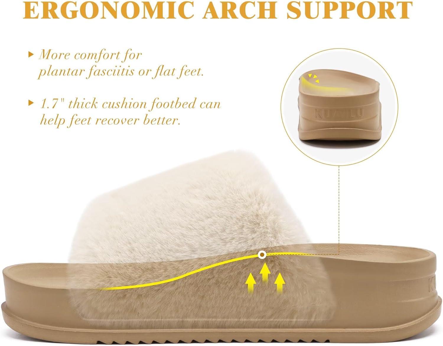 imageKuaiLu Womens Orthotic Slippers With Arch Support Soft Cushion Sandal Slippers for Woman Ladies Fashion Open Toe Faux Fur Platform Slipper Indoor Outdoor 612Beige White