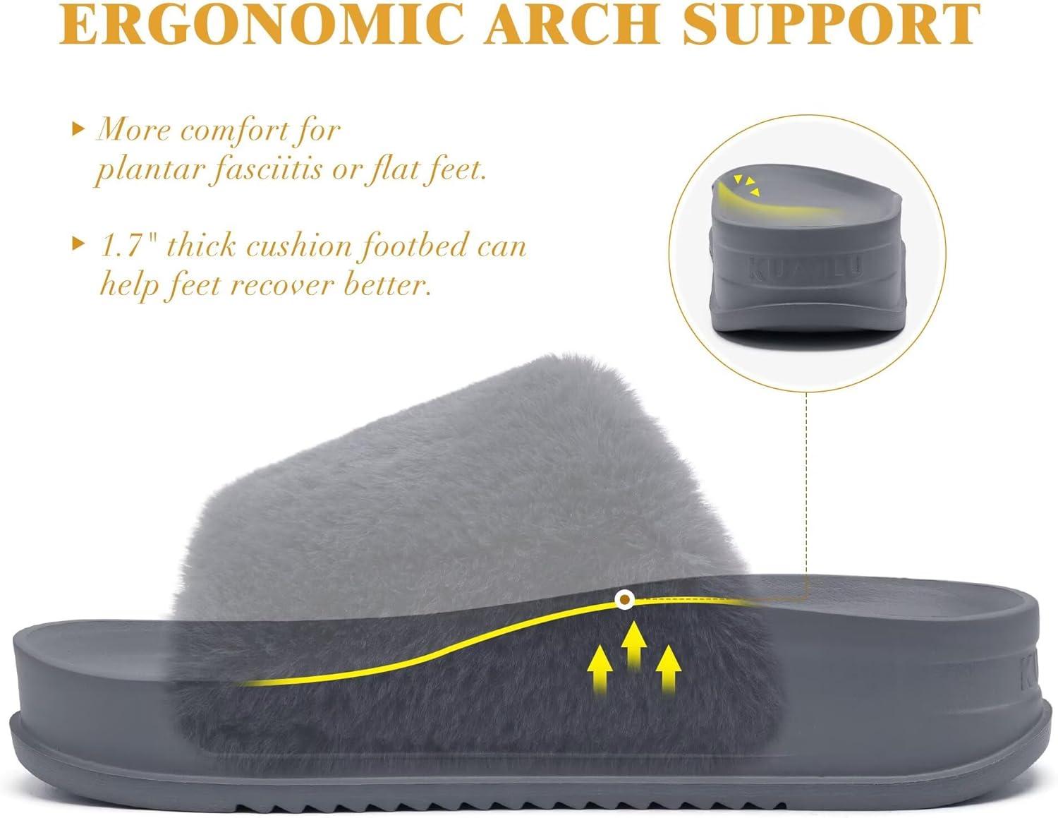 imageKuaiLu Womens Orthotic Slippers With Arch Support Soft Cushion Sandal Slippers for Woman Ladies Fashion Open Toe Faux Fur Platform Slipper Indoor Outdoor 612Grey