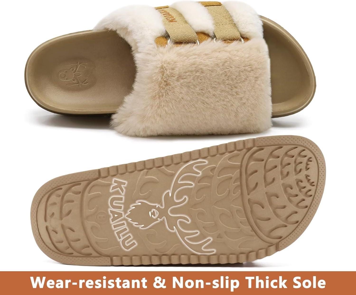 imageKuaiLu Womens Orthotic Slippers With Arch Support Soft Cushion Sandal Slippers for Woman Ladies Fashion Open Toe Faux Fur Platform Slipper Indoor Outdoor 612Beige White