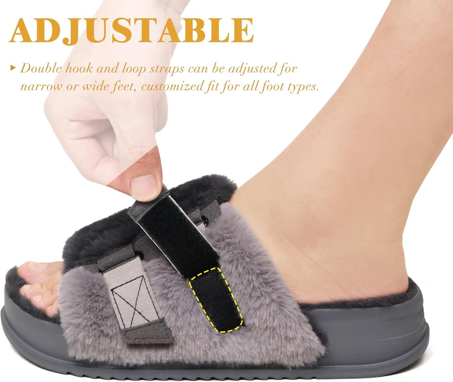 imageKuaiLu Womens Orthotic Slippers With Arch Support Soft Cushion Sandal Slippers for Woman Ladies Fashion Open Toe Faux Fur Platform Slipper Indoor Outdoor 612Plush Grey