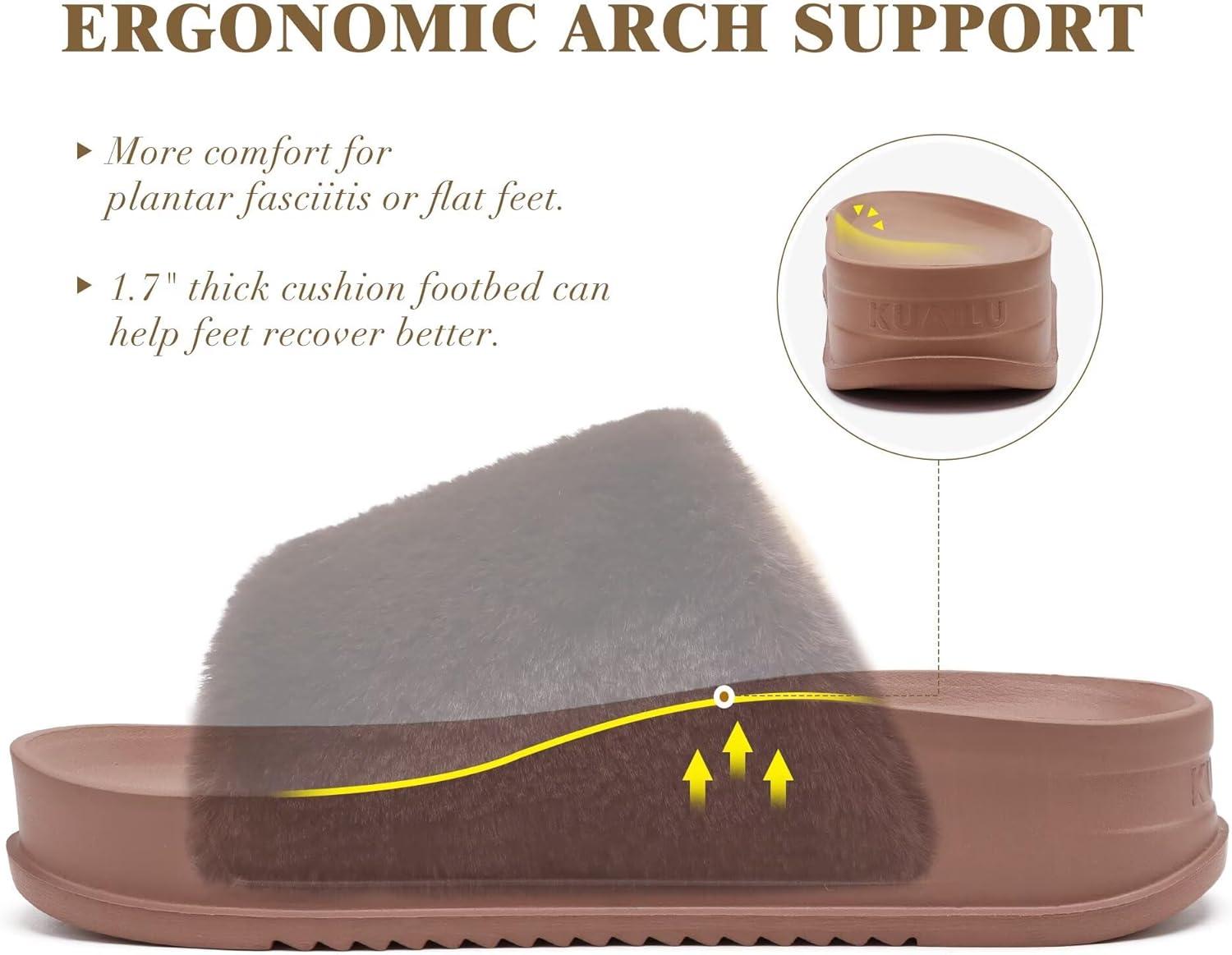 imageKuaiLu Womens Orthotic Slippers With Arch Support Soft Cushion Sandal Slippers for Woman Ladies Fashion Open Toe Faux Fur Platform Slipper Indoor Outdoor 612Brown