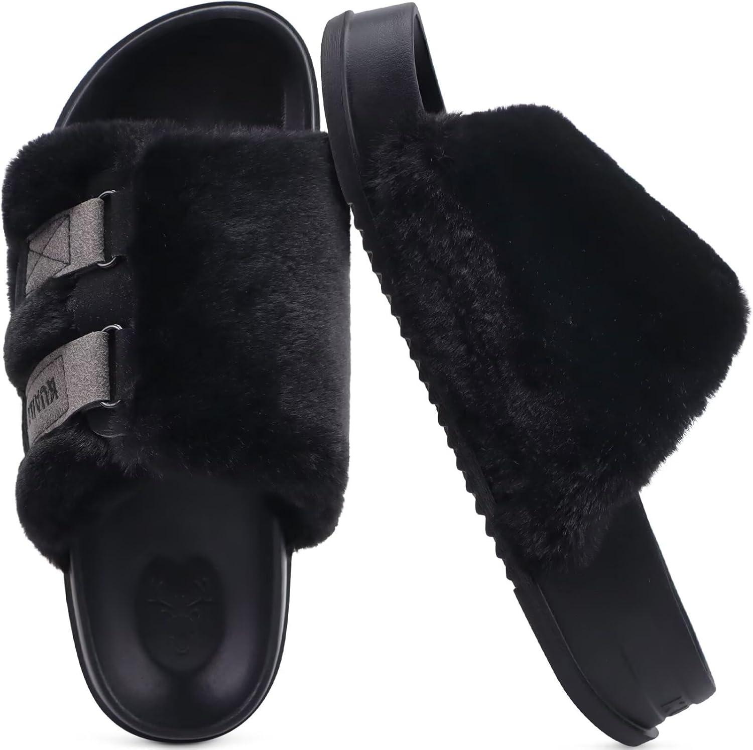 imageKuaiLu Womens Orthotic Slippers With Arch Support Soft Cushion Sandal Slippers for Woman Ladies Fashion Open Toe Faux Fur Platform Slipper Indoor Outdoor 612Black