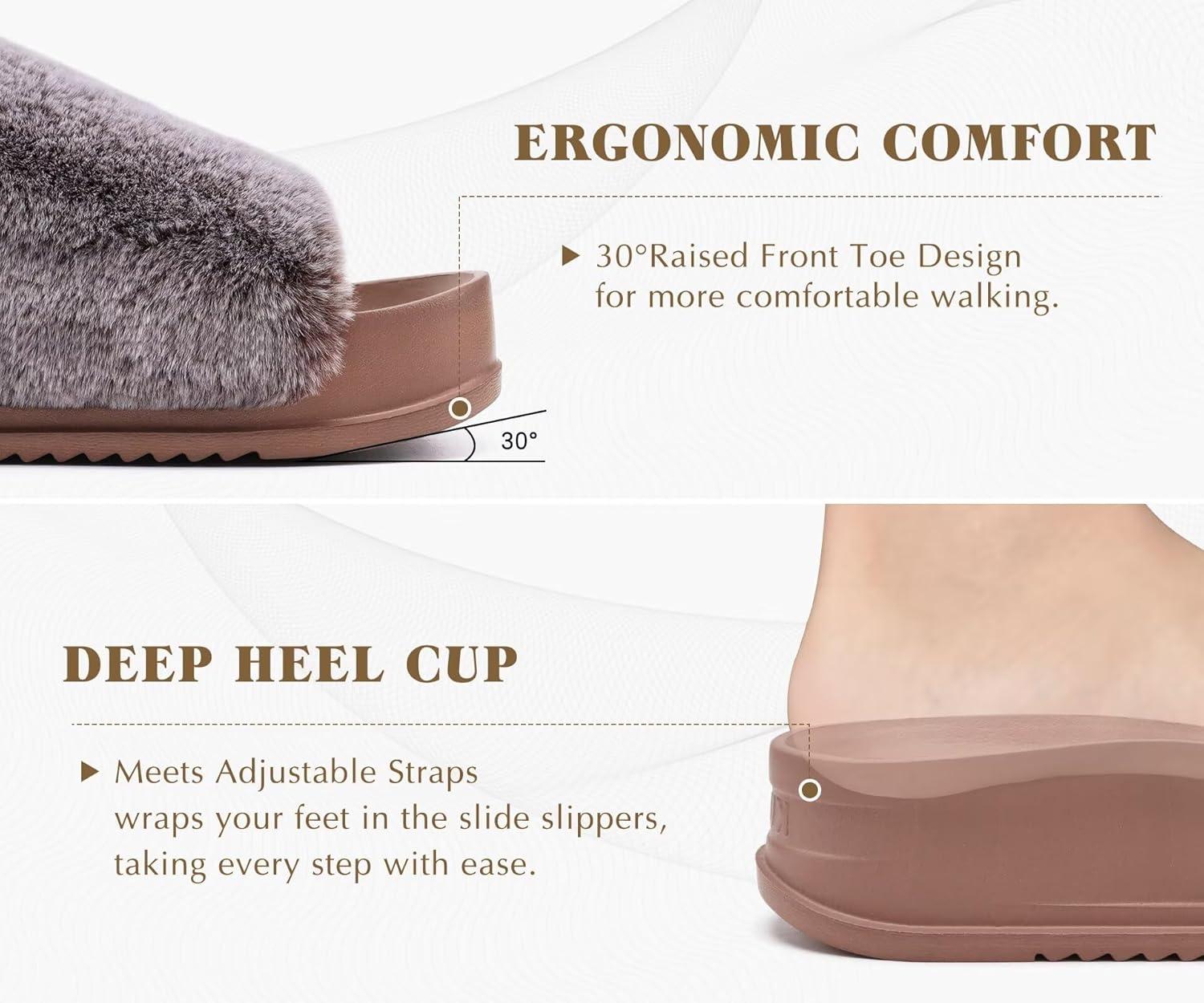imageKuaiLu Womens Orthotic Slippers With Arch Support Soft Cushion Sandal Slippers for Woman Ladies Fashion Open Toe Faux Fur Platform Slipper Indoor Outdoor 612Brown