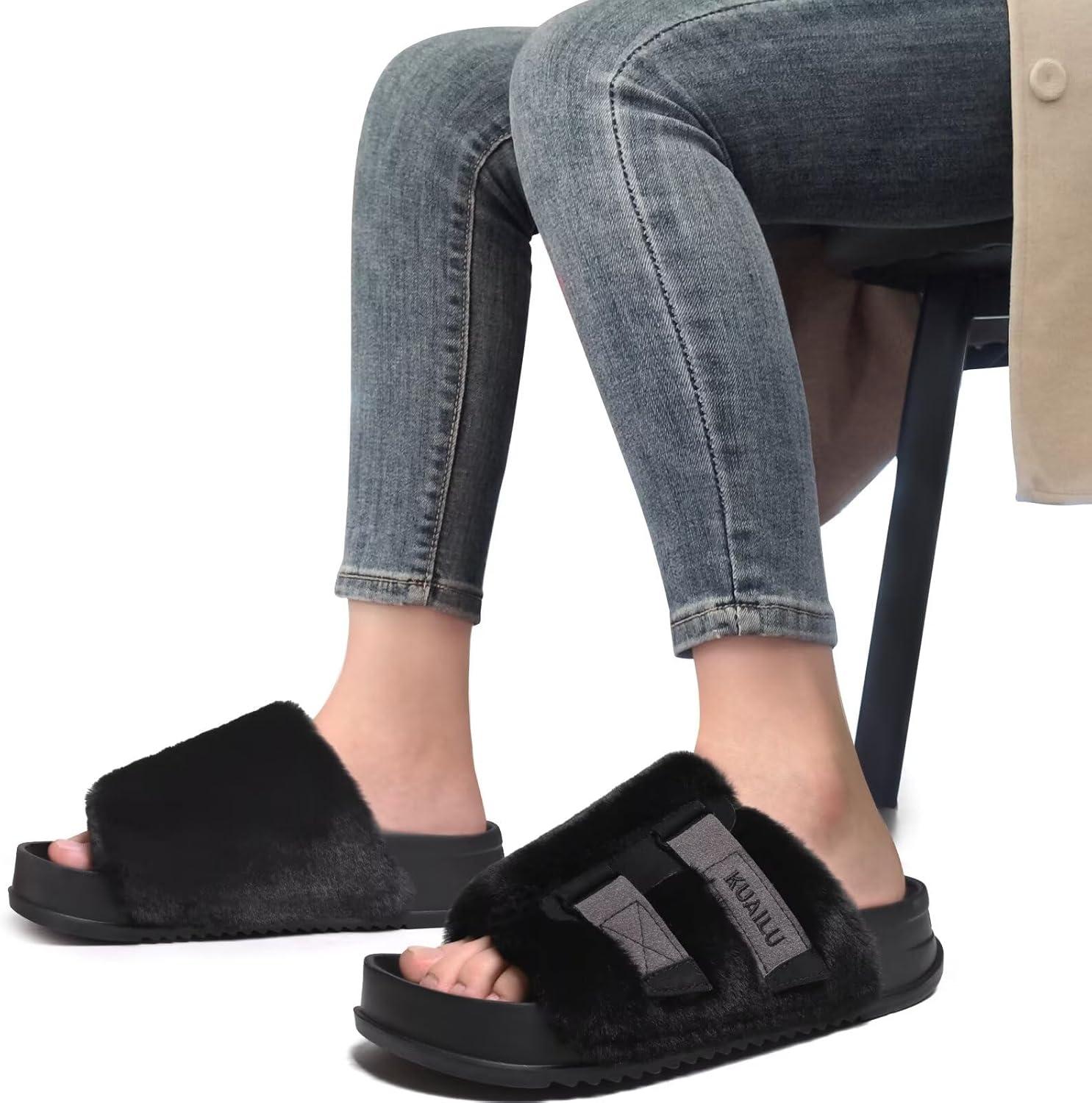imageKuaiLu Womens Orthotic Slippers With Arch Support Soft Cushion Sandal Slippers for Woman Ladies Fashion Open Toe Faux Fur Platform Slipper Indoor Outdoor 612Black
