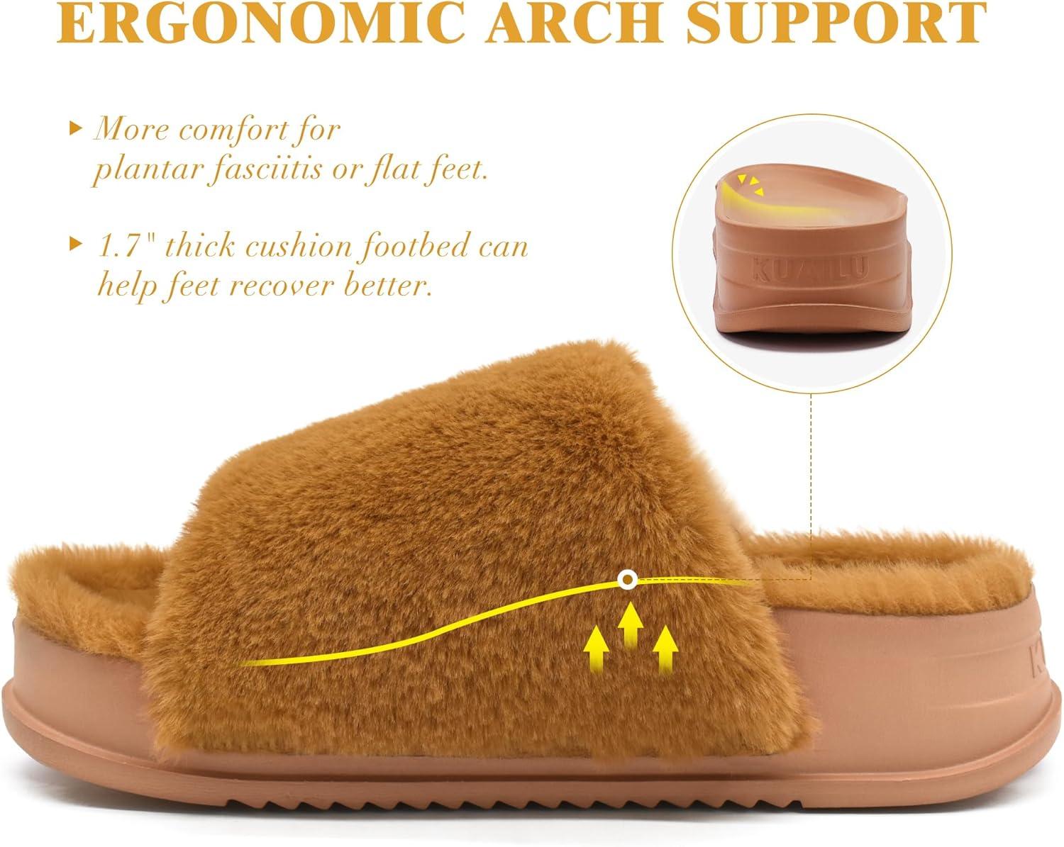 imageKuaiLu Womens Orthotic Slippers With Arch Support Soft Cushion Sandal Slippers for Woman Ladies Fashion Open Toe Faux Fur Platform Slipper Indoor Outdoor 612Plush Khaki