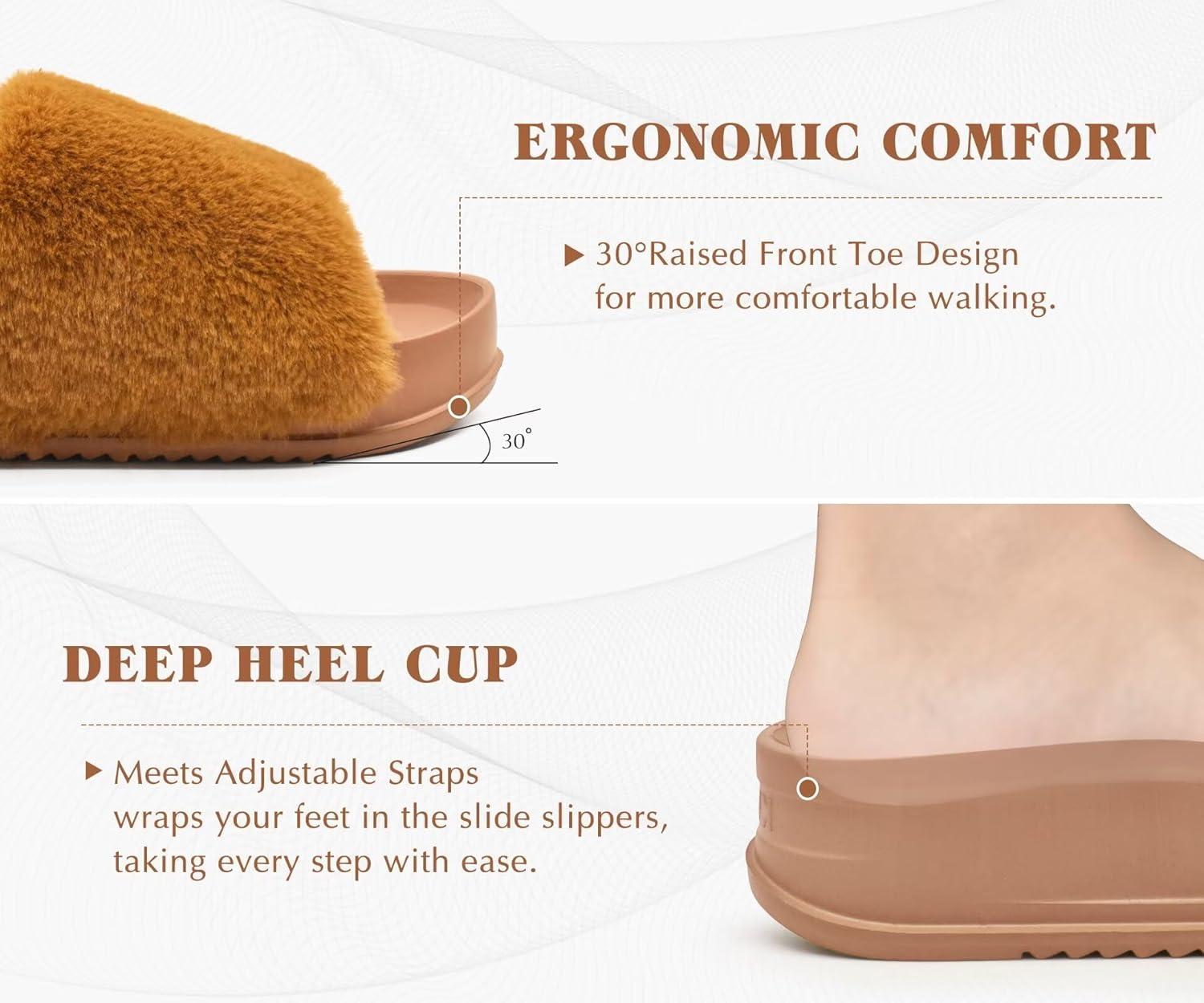 imageKuaiLu Womens Orthotic Slippers With Arch Support Soft Cushion Sandal Slippers for Woman Ladies Fashion Open Toe Faux Fur Platform Slipper Indoor Outdoor 612Camel