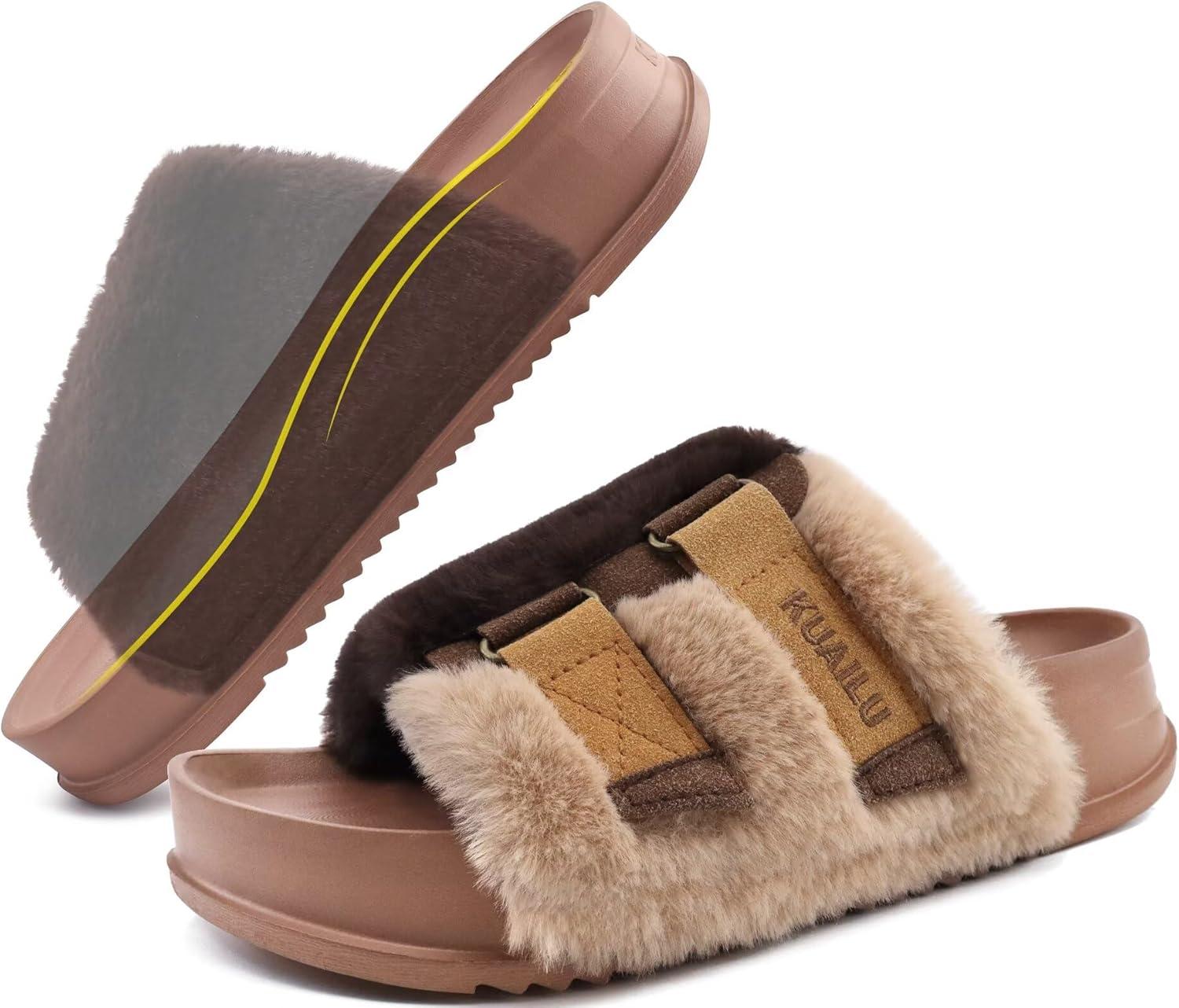 imageKuaiLu Womens Orthotic Slippers With Arch Support Soft Cushion Sandal Slippers for Woman Ladies Fashion Open Toe Faux Fur Platform Slipper Indoor Outdoor 612Brown