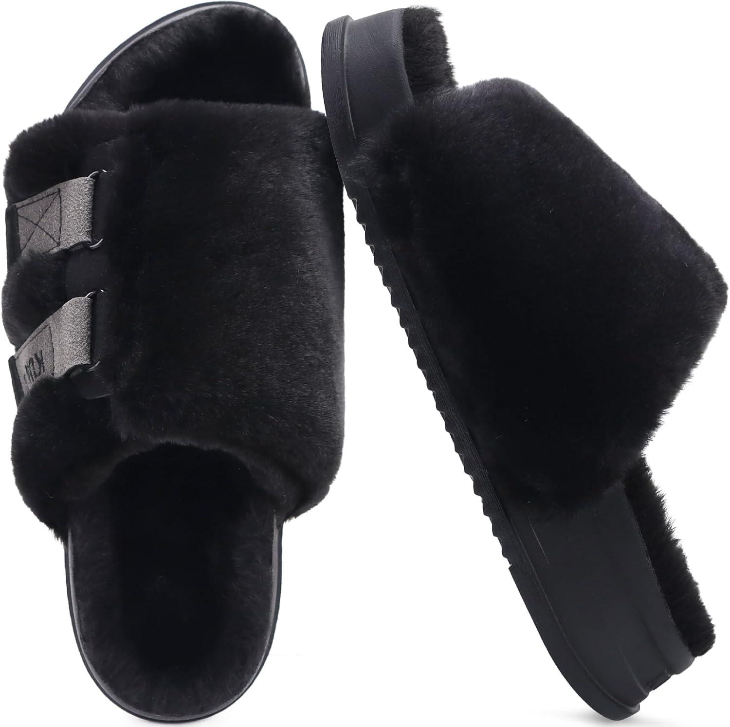 imageKuaiLu Womens Orthotic Slippers With Arch Support Soft Cushion Sandal Slippers for Woman Ladies Fashion Open Toe Faux Fur Platform Slipper Indoor Outdoor 612Plush Black