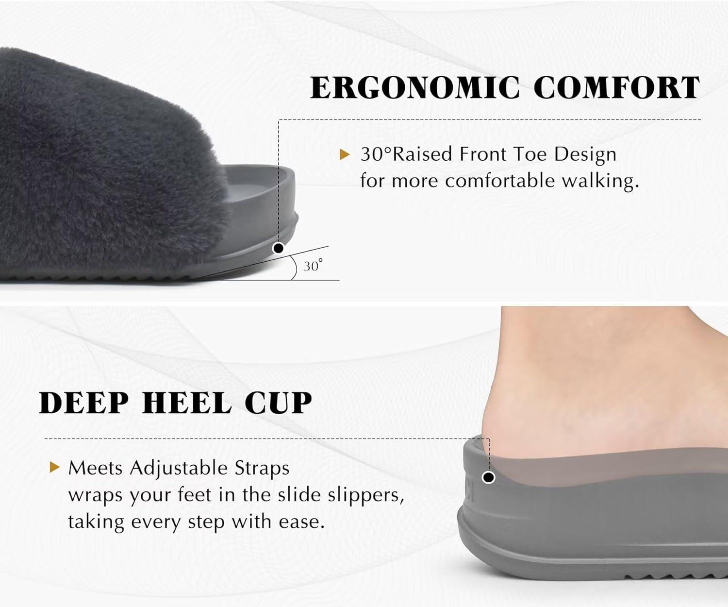 imageKuaiLu Womens Orthotic Slippers With Arch Support Soft Cushion Sandal Slippers for Woman Ladies Fashion Open Toe Faux Fur Platform Slipper Indoor Outdoor 612Grey