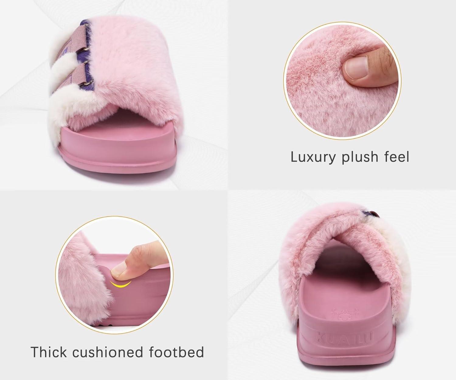 imageKuaiLu Womens Orthotic Slippers With Arch Support Soft Cushion Sandal Slippers for Woman Ladies Fashion Open Toe Faux Fur Platform Slipper Indoor Outdoor 612Pink