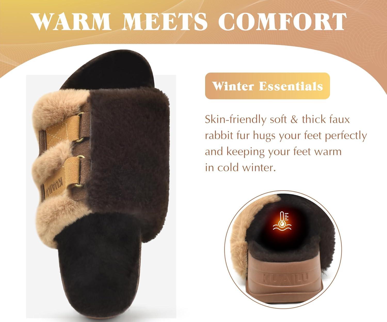 imageKuaiLu Womens Orthotic Slippers With Arch Support Soft Cushion Sandal Slippers for Woman Ladies Fashion Open Toe Faux Fur Platform Slipper Indoor Outdoor 612Plush Brown