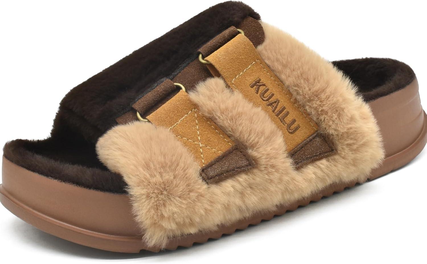 imageKuaiLu Womens Orthotic Slippers With Arch Support Soft Cushion Sandal Slippers for Woman Ladies Fashion Open Toe Faux Fur Platform Slipper Indoor Outdoor 612Plush Brown