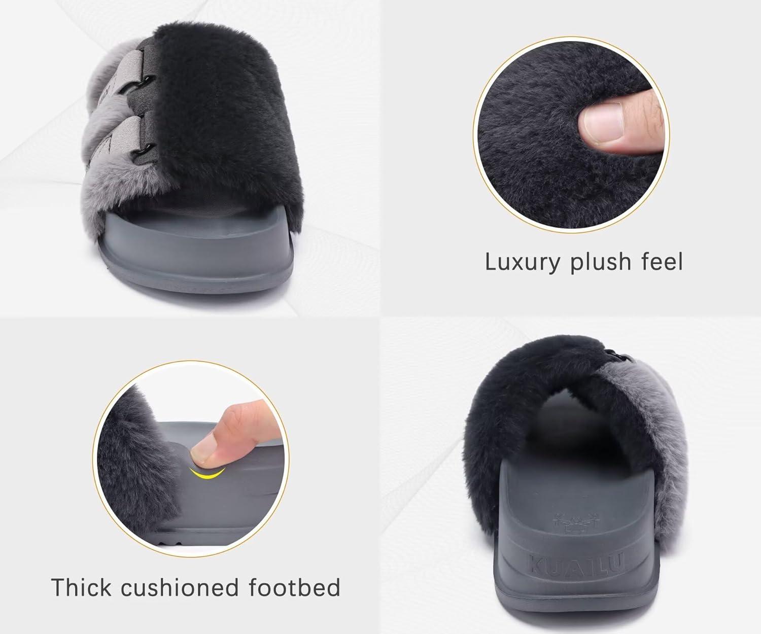 imageKuaiLu Womens Orthotic Slippers With Arch Support Soft Cushion Sandal Slippers for Woman Ladies Fashion Open Toe Faux Fur Platform Slipper Indoor Outdoor 612Grey
