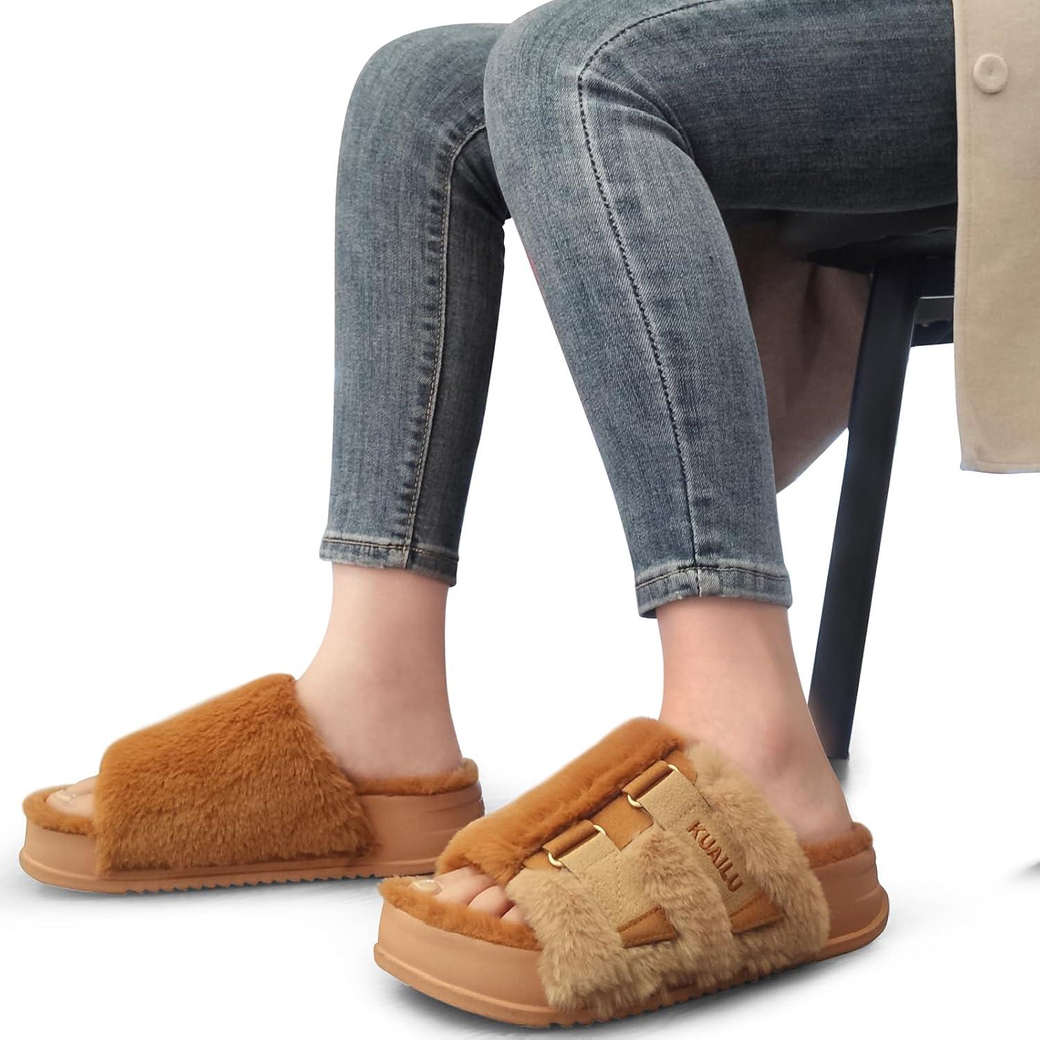 imageKuaiLu Womens Orthotic Slippers With Arch Support Soft Cushion Sandal Slippers for Woman Ladies Fashion Open Toe Faux Fur Platform Slipper Indoor Outdoor 612Plush Khaki