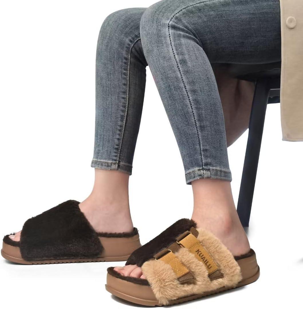 imageKuaiLu Womens Orthotic Slippers With Arch Support Soft Cushion Sandal Slippers for Woman Ladies Fashion Open Toe Faux Fur Platform Slipper Indoor Outdoor 612Plush Brown
