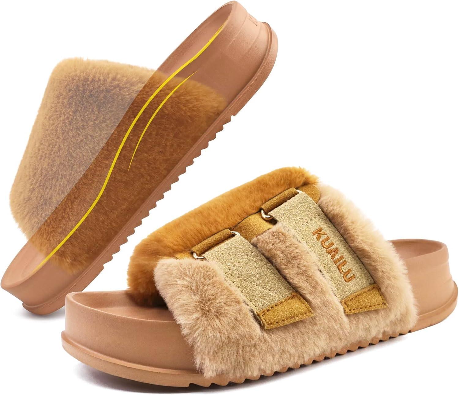 imageKuaiLu Womens Orthotic Slippers With Arch Support Soft Cushion Sandal Slippers for Woman Ladies Fashion Open Toe Faux Fur Platform Slipper Indoor Outdoor 612Camel
