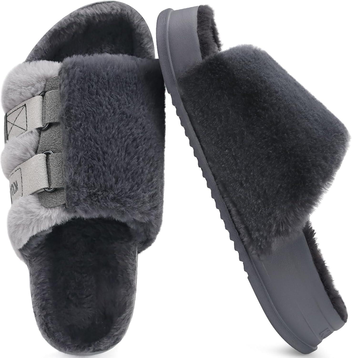 imageKuaiLu Womens Orthotic Slippers With Arch Support Soft Cushion Sandal Slippers for Woman Ladies Fashion Open Toe Faux Fur Platform Slipper Indoor Outdoor 612Plush Grey
