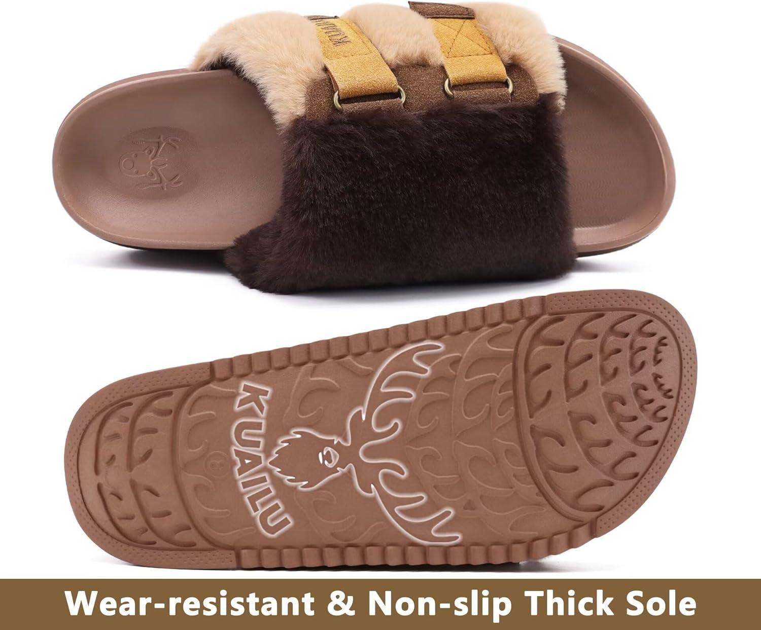 imageKuaiLu Womens Orthotic Slippers With Arch Support Soft Cushion Sandal Slippers for Woman Ladies Fashion Open Toe Faux Fur Platform Slipper Indoor Outdoor 612Brown