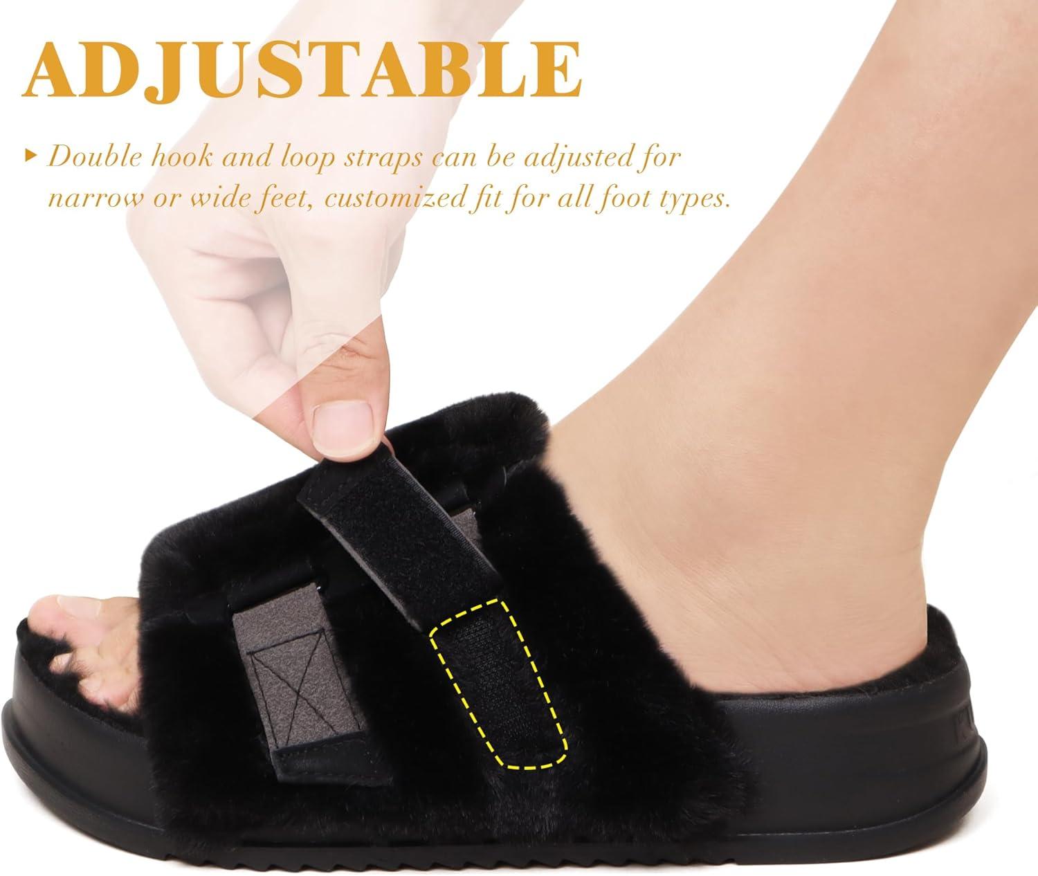 imageKuaiLu Womens Orthotic Slippers With Arch Support Soft Cushion Sandal Slippers for Woman Ladies Fashion Open Toe Faux Fur Platform Slipper Indoor Outdoor 612Plush Black