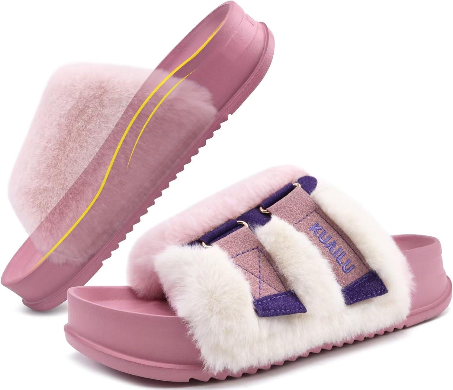 imageKuaiLu Womens Orthotic Slippers With Arch Support Soft Cushion Sandal Slippers for Woman Ladies Fashion Open Toe Faux Fur Platform Slipper Indoor Outdoor 612Pink