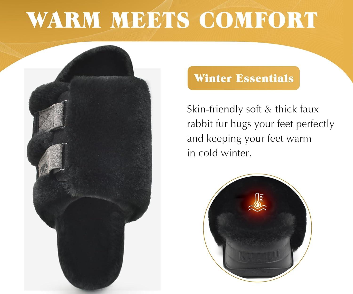 imageKuaiLu Womens Orthotic Slippers With Arch Support Soft Cushion Sandal Slippers for Woman Ladies Fashion Open Toe Faux Fur Platform Slipper Indoor Outdoor 612Plush Black