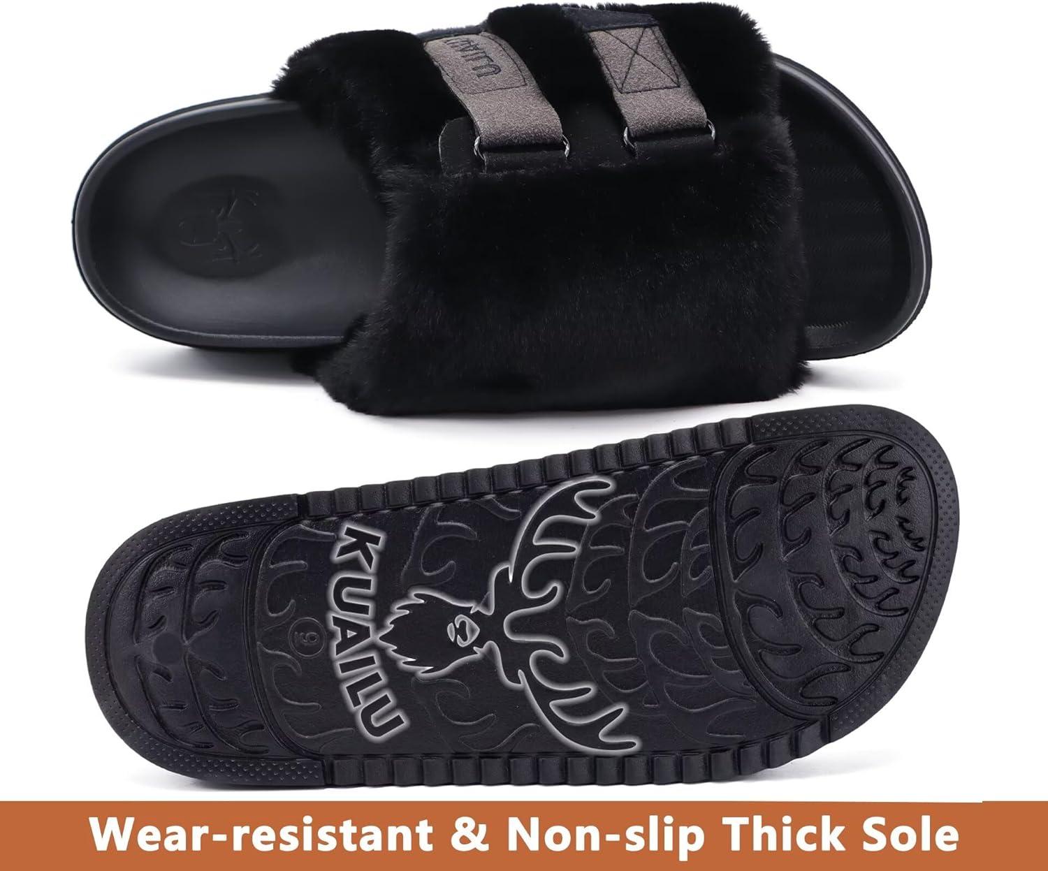 imageKuaiLu Womens Orthotic Slippers With Arch Support Soft Cushion Sandal Slippers for Woman Ladies Fashion Open Toe Faux Fur Platform Slipper Indoor Outdoor 612Black
