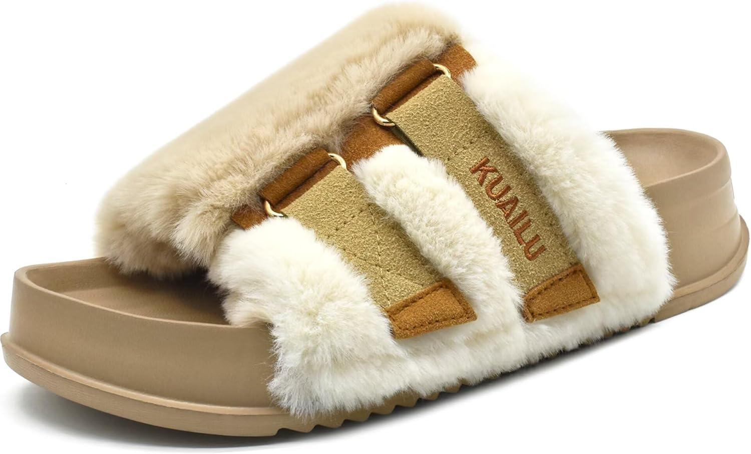 imageKuaiLu Womens Orthotic Slippers With Arch Support Soft Cushion Sandal Slippers for Woman Ladies Fashion Open Toe Faux Fur Platform Slipper Indoor Outdoor 612Beige White