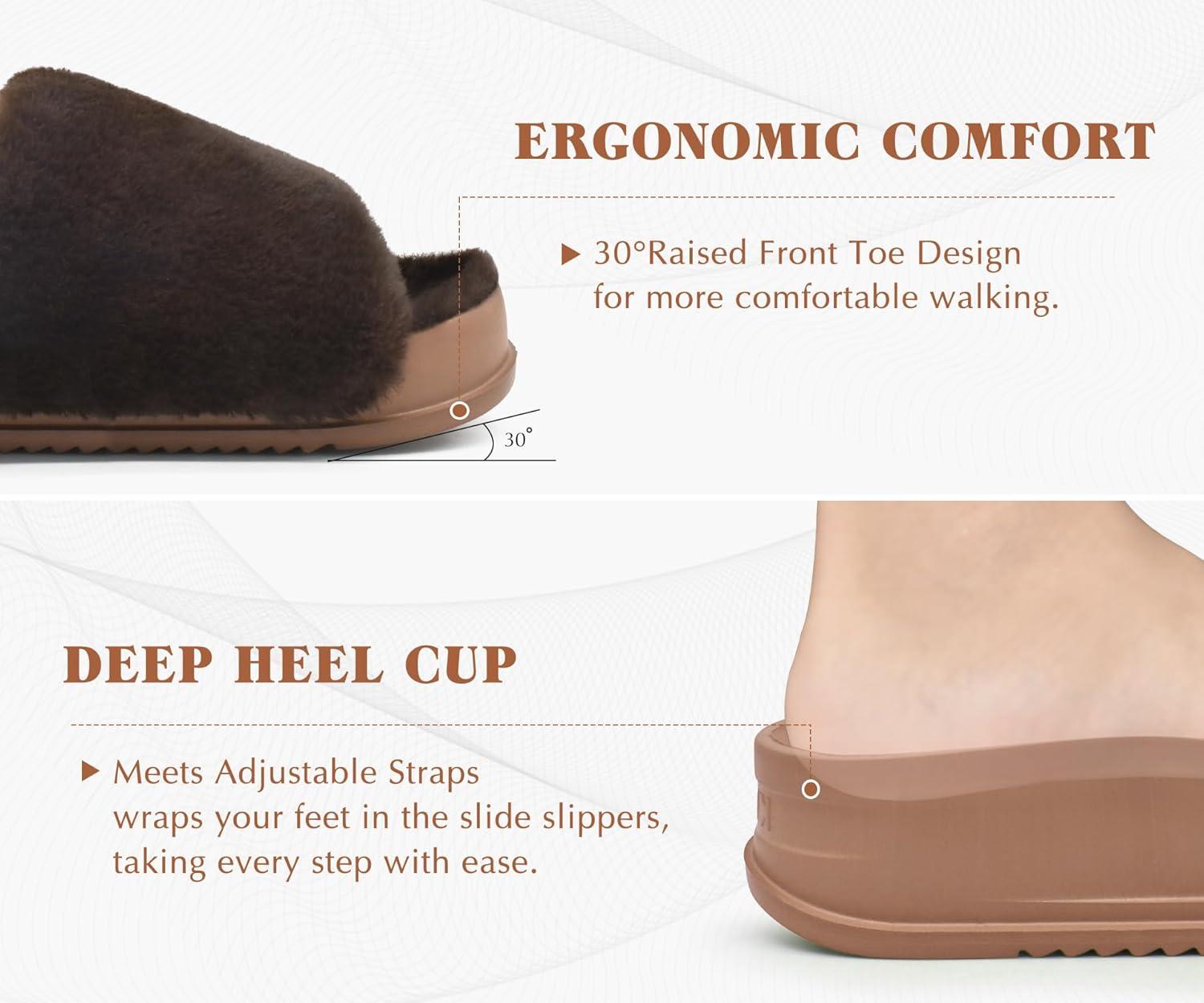 imageKuaiLu Womens Orthotic Slippers With Arch Support Soft Cushion Sandal Slippers for Woman Ladies Fashion Open Toe Faux Fur Platform Slipper Indoor Outdoor 612Plush Brown