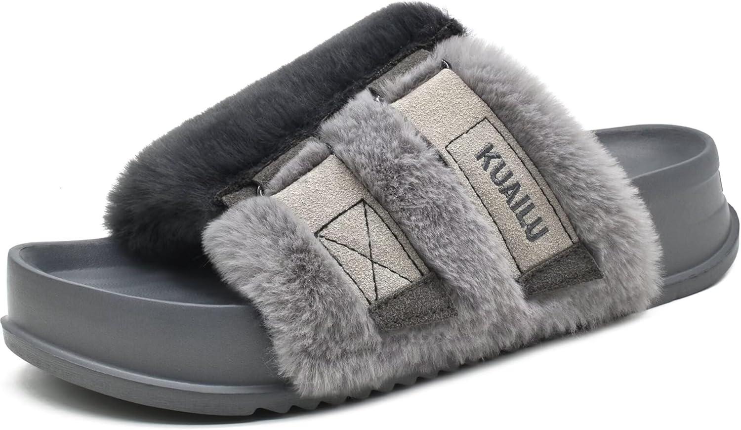 imageKuaiLu Womens Orthotic Slippers With Arch Support Soft Cushion Sandal Slippers for Woman Ladies Fashion Open Toe Faux Fur Platform Slipper Indoor Outdoor 612Grey