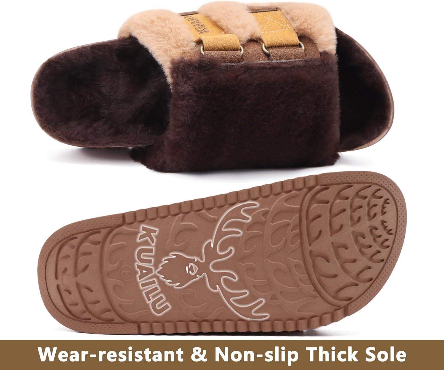 imageKuaiLu Womens Orthotic Slippers With Arch Support Soft Cushion Sandal Slippers for Woman Ladies Fashion Open Toe Faux Fur Platform Slipper Indoor Outdoor 612Plush Brown