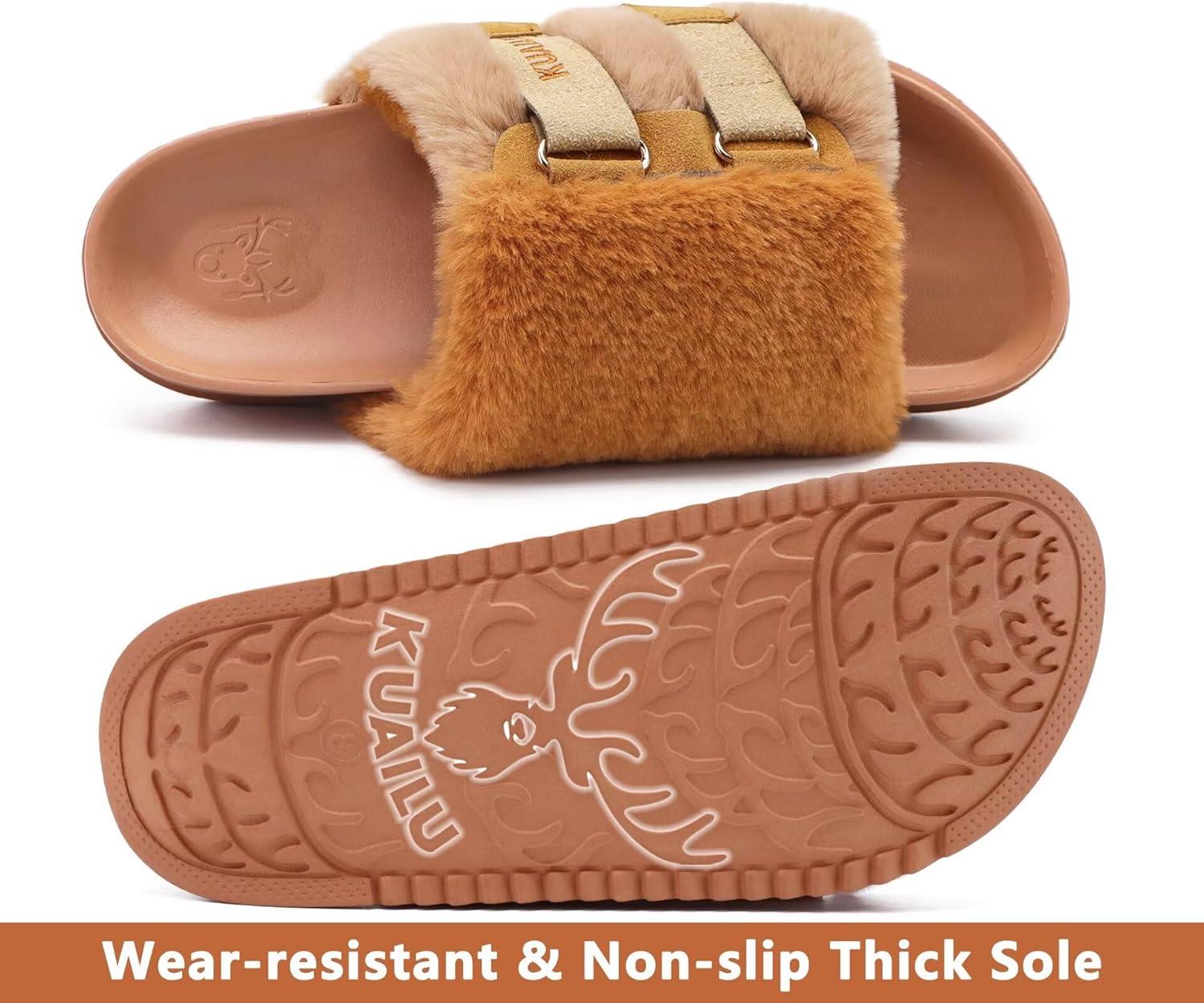 imageKuaiLu Womens Orthotic Slippers With Arch Support Soft Cushion Sandal Slippers for Woman Ladies Fashion Open Toe Faux Fur Platform Slipper Indoor Outdoor 612Camel