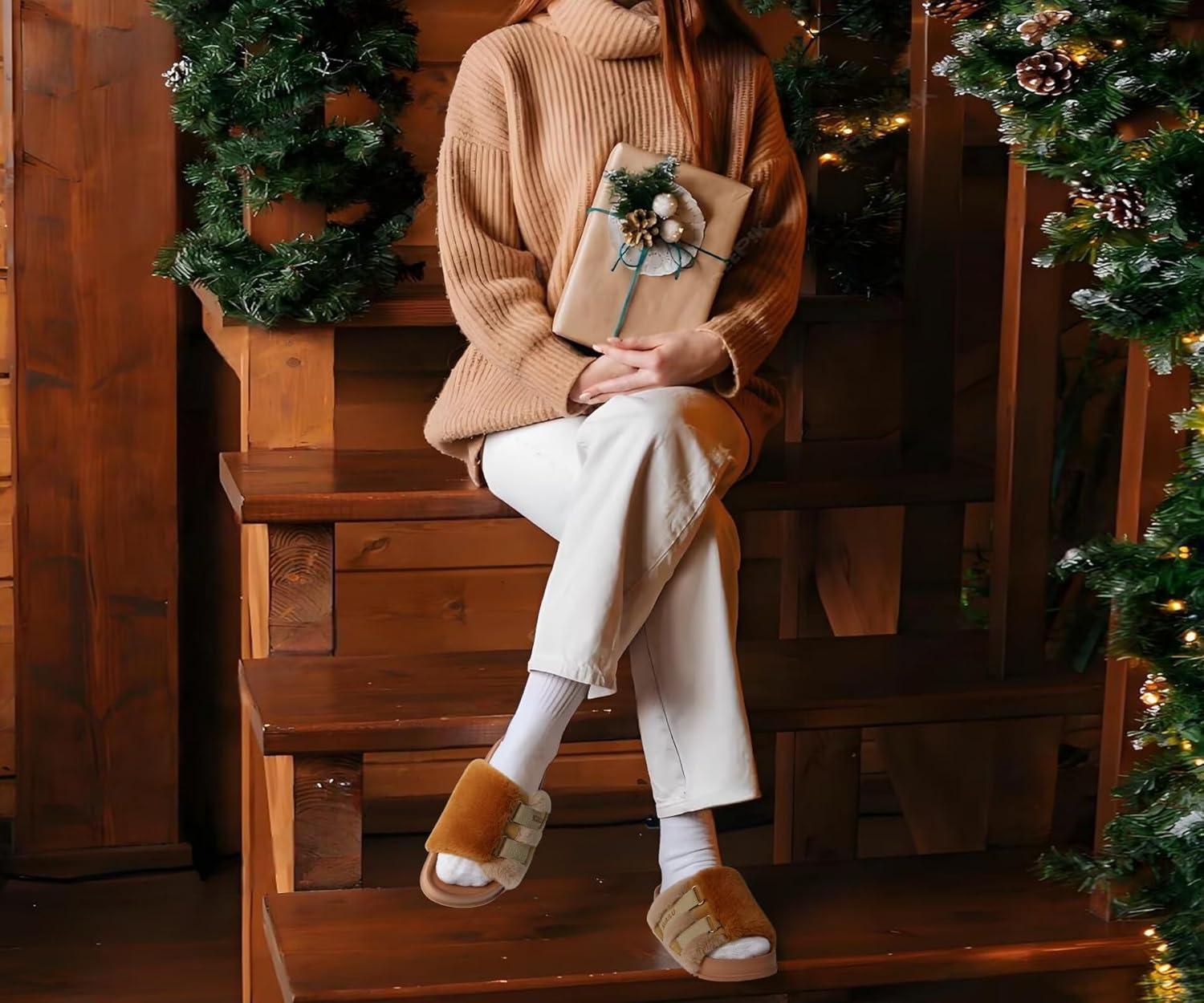 imageKuaiLu Womens Orthotic Slippers With Arch Support Soft Cushion Sandal Slippers for Woman Ladies Fashion Open Toe Faux Fur Platform Slipper Indoor Outdoor 612Camel