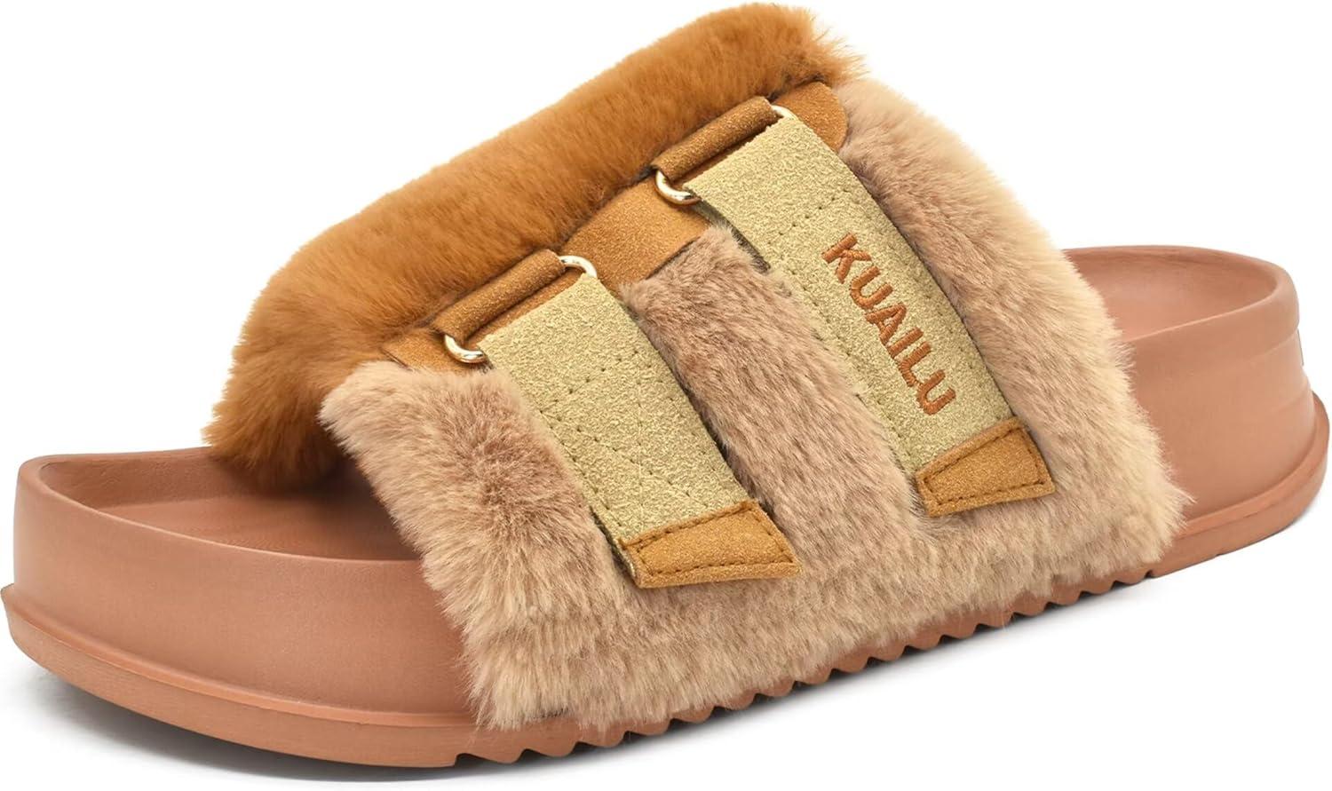 imageKuaiLu Womens Orthotic Slippers With Arch Support Soft Cushion Sandal Slippers for Woman Ladies Fashion Open Toe Faux Fur Platform Slipper Indoor Outdoor 612Camel