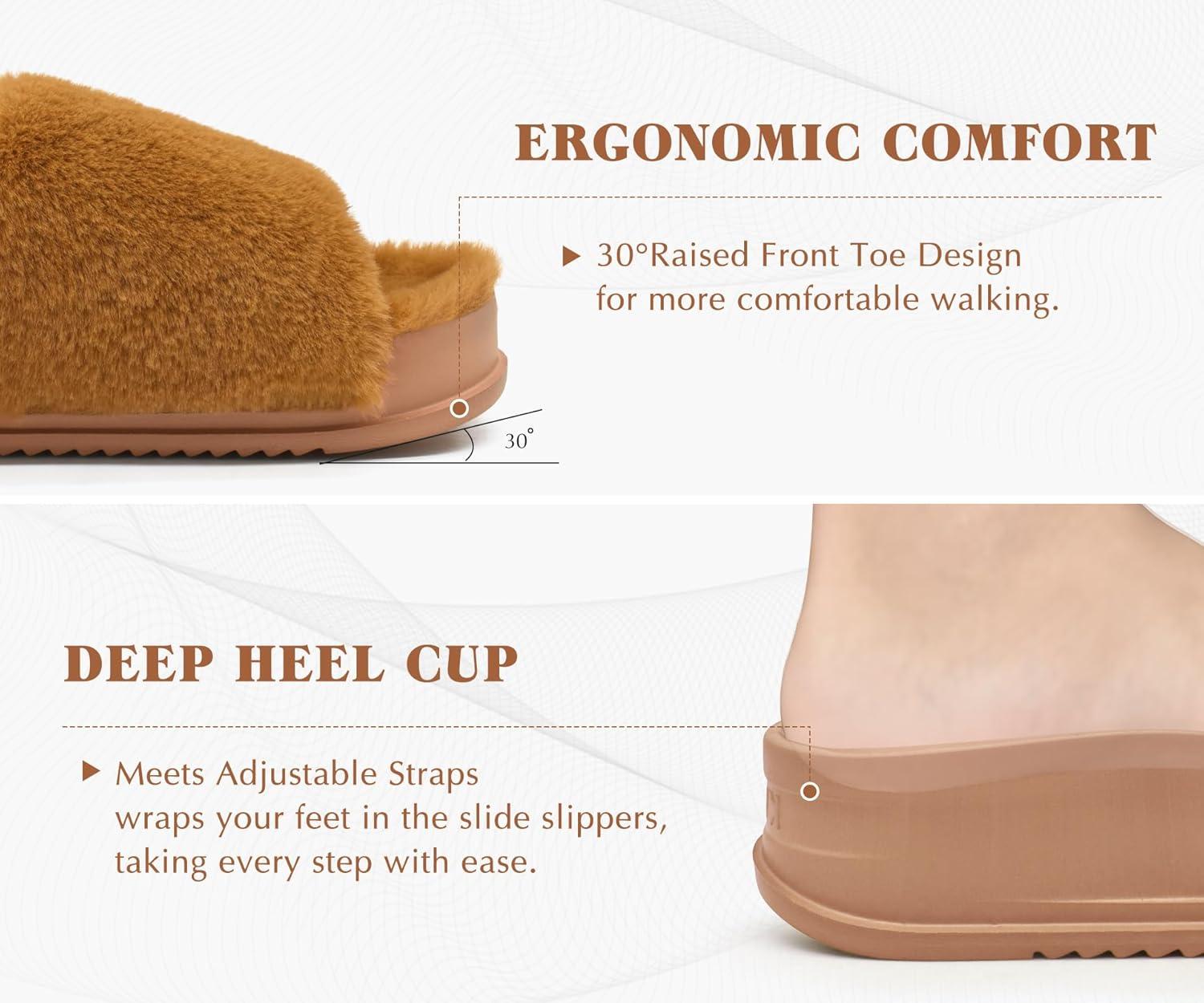 imageKuaiLu Womens Orthotic Slippers With Arch Support Soft Cushion Sandal Slippers for Woman Ladies Fashion Open Toe Faux Fur Platform Slipper Indoor Outdoor 612Plush Khaki