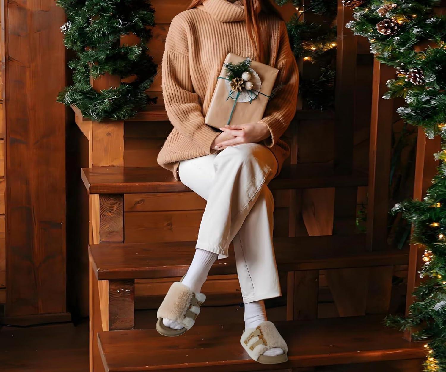 imageKuaiLu Womens Orthotic Slippers With Arch Support Soft Cushion Sandal Slippers for Woman Ladies Fashion Open Toe Faux Fur Platform Slipper Indoor Outdoor 612Beige White