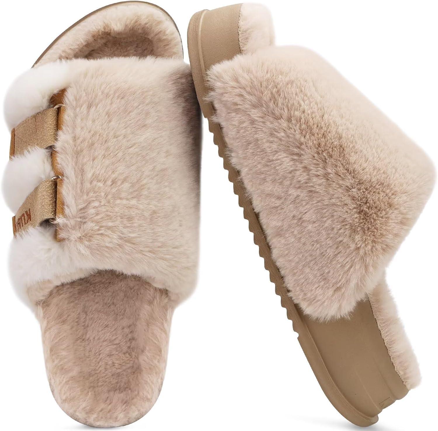 imageKuaiLu Womens Orthotic Slippers With Arch Support Soft Cushion Sandal Slippers for Woman Ladies Fashion Open Toe Faux Fur Platform Slipper Indoor Outdoor 612Plush Beige