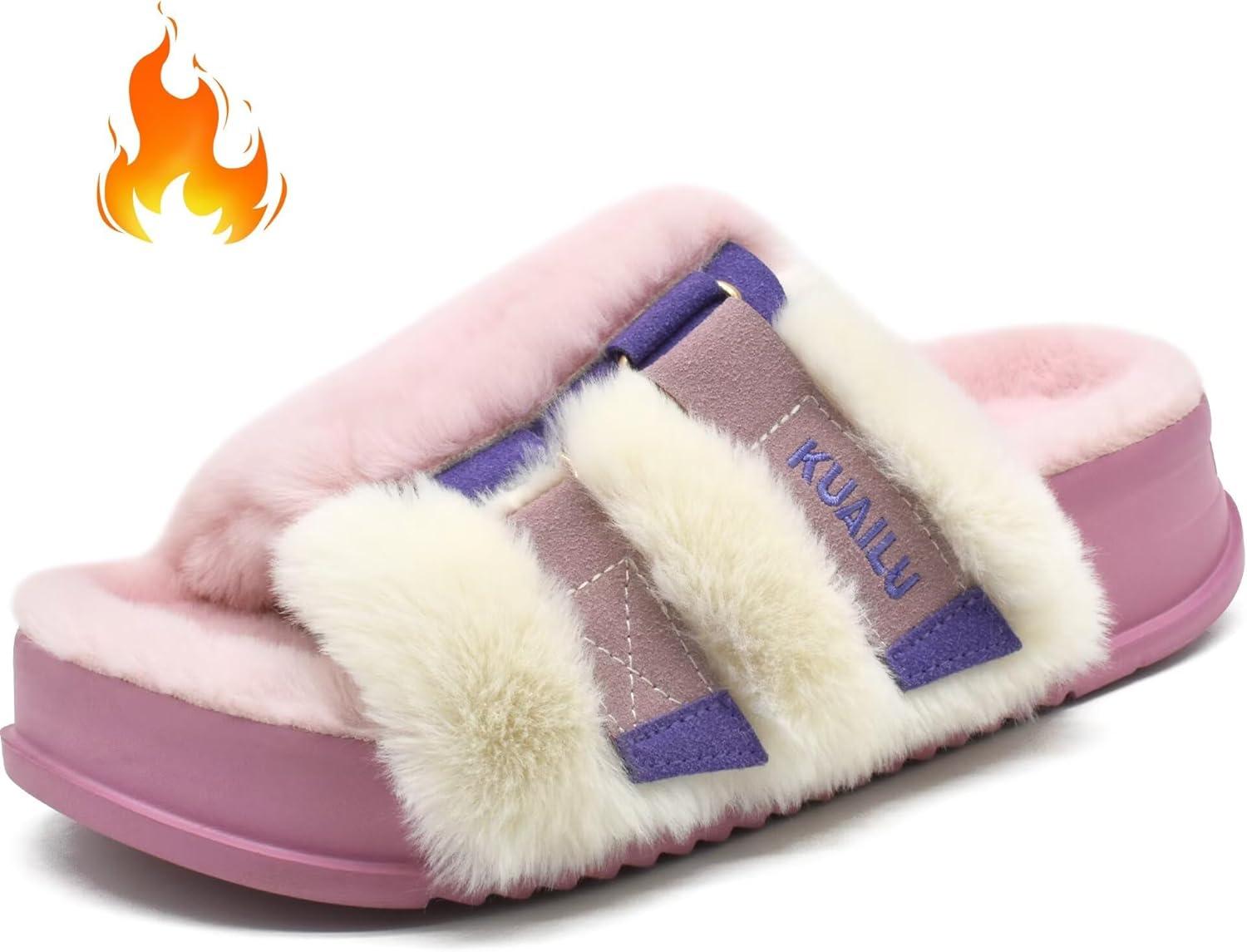 imageKuaiLu Womens Orthotic Slippers With Arch Support Soft Cushion Sandal Slippers for Woman Ladies Fashion Open Toe Faux Fur Platform Slipper Indoor Outdoor 612Plush Pink