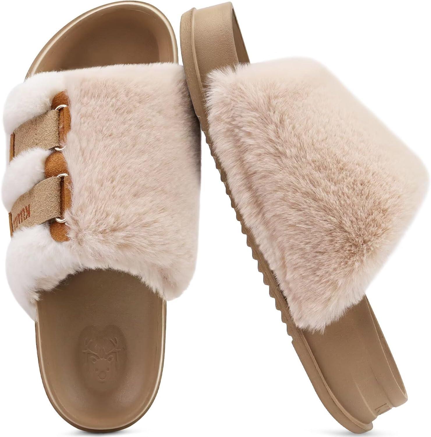 imageKuaiLu Womens Orthotic Slippers With Arch Support Soft Cushion Sandal Slippers for Woman Ladies Fashion Open Toe Faux Fur Platform Slipper Indoor Outdoor 612Beige White