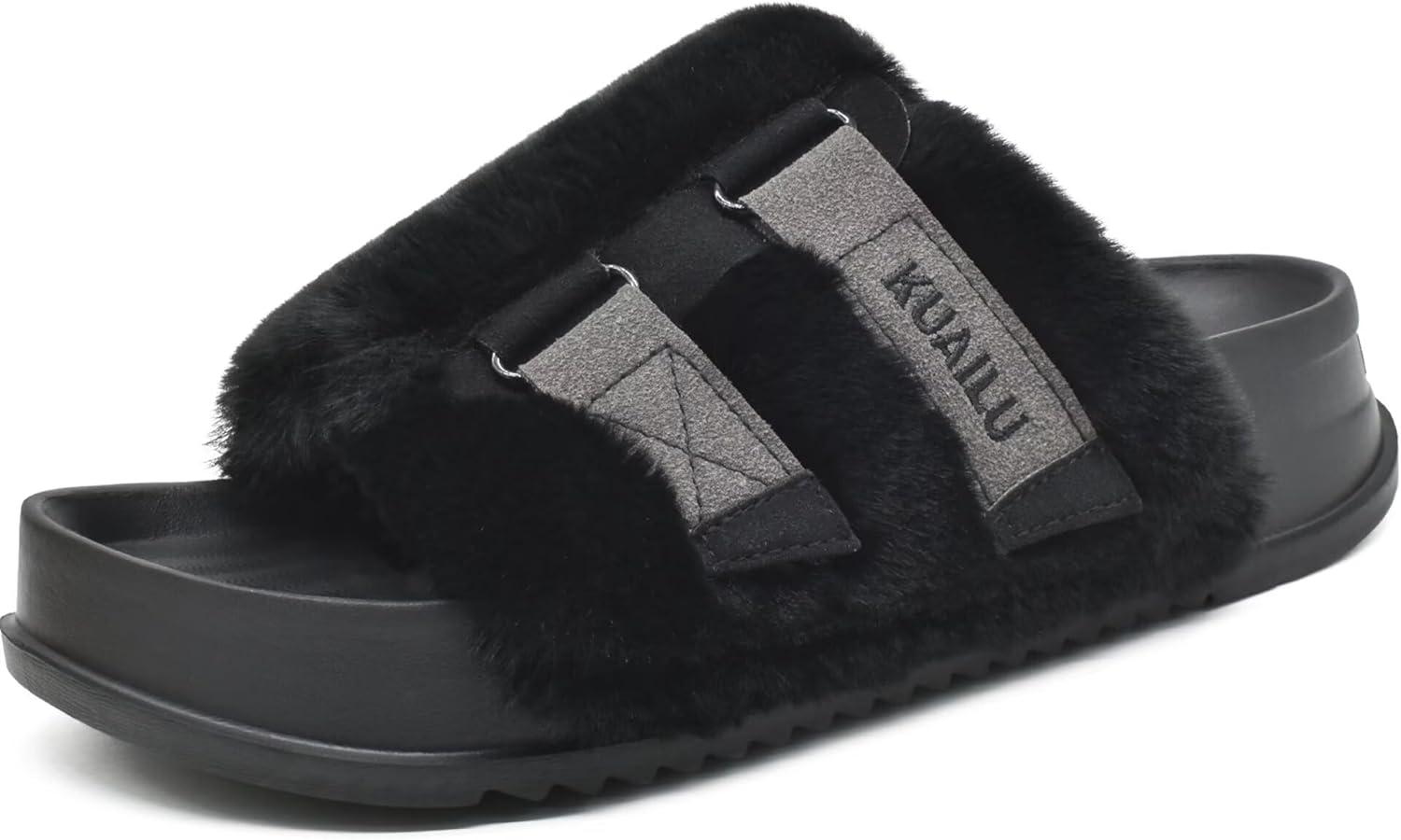 imageKuaiLu Womens Orthotic Slippers With Arch Support Soft Cushion Sandal Slippers for Woman Ladies Fashion Open Toe Faux Fur Platform Slipper Indoor Outdoor 612Black