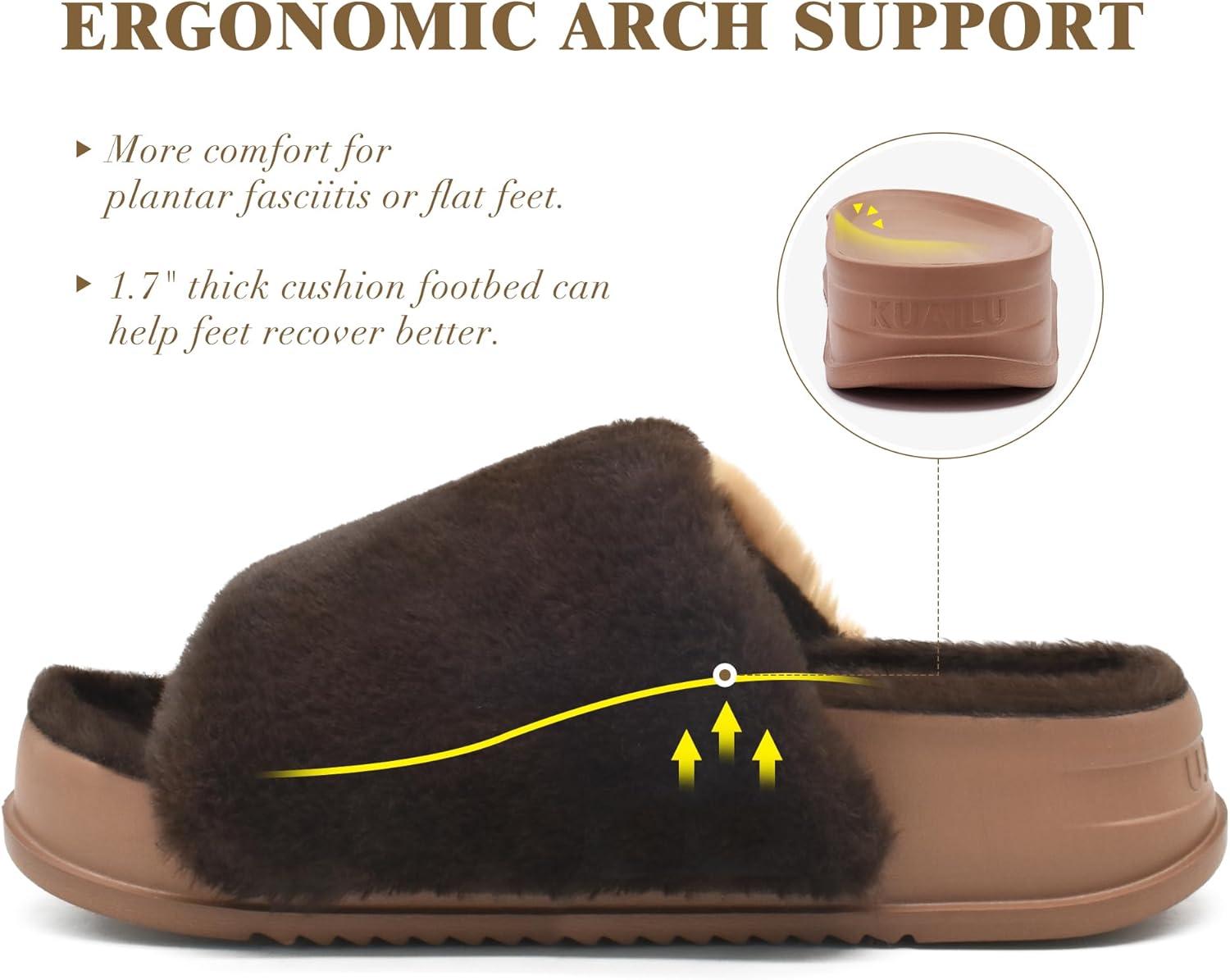 imageKuaiLu Womens Orthotic Slippers With Arch Support Soft Cushion Sandal Slippers for Woman Ladies Fashion Open Toe Faux Fur Platform Slipper Indoor Outdoor 612Plush Brown